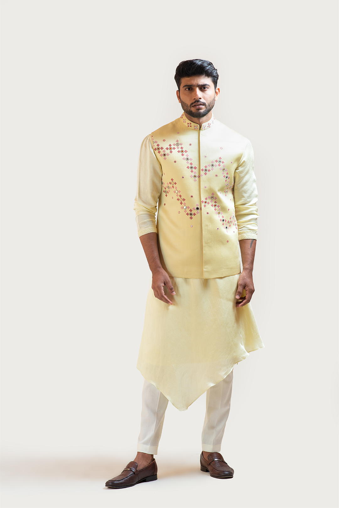Yellow Gujrati work Nehru with Yellow Overlapping Drape Kurta Set