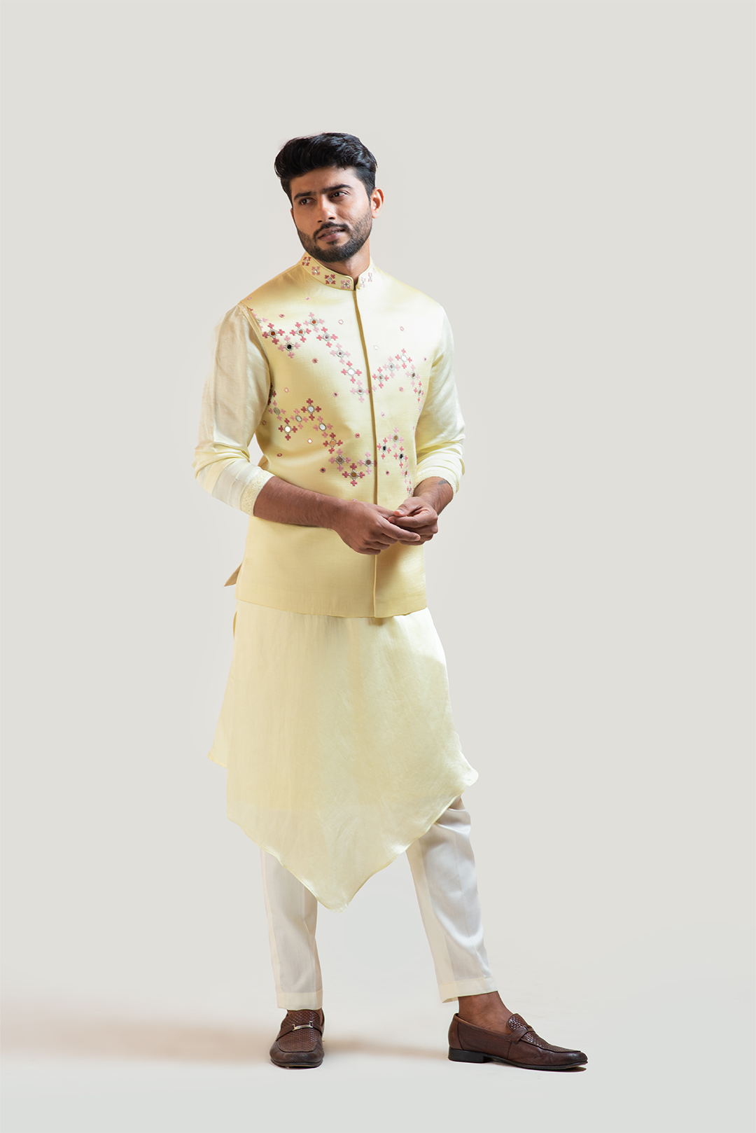 Yellow Gujrati work Nehru with Yellow Overlapping Drape Kurta Set