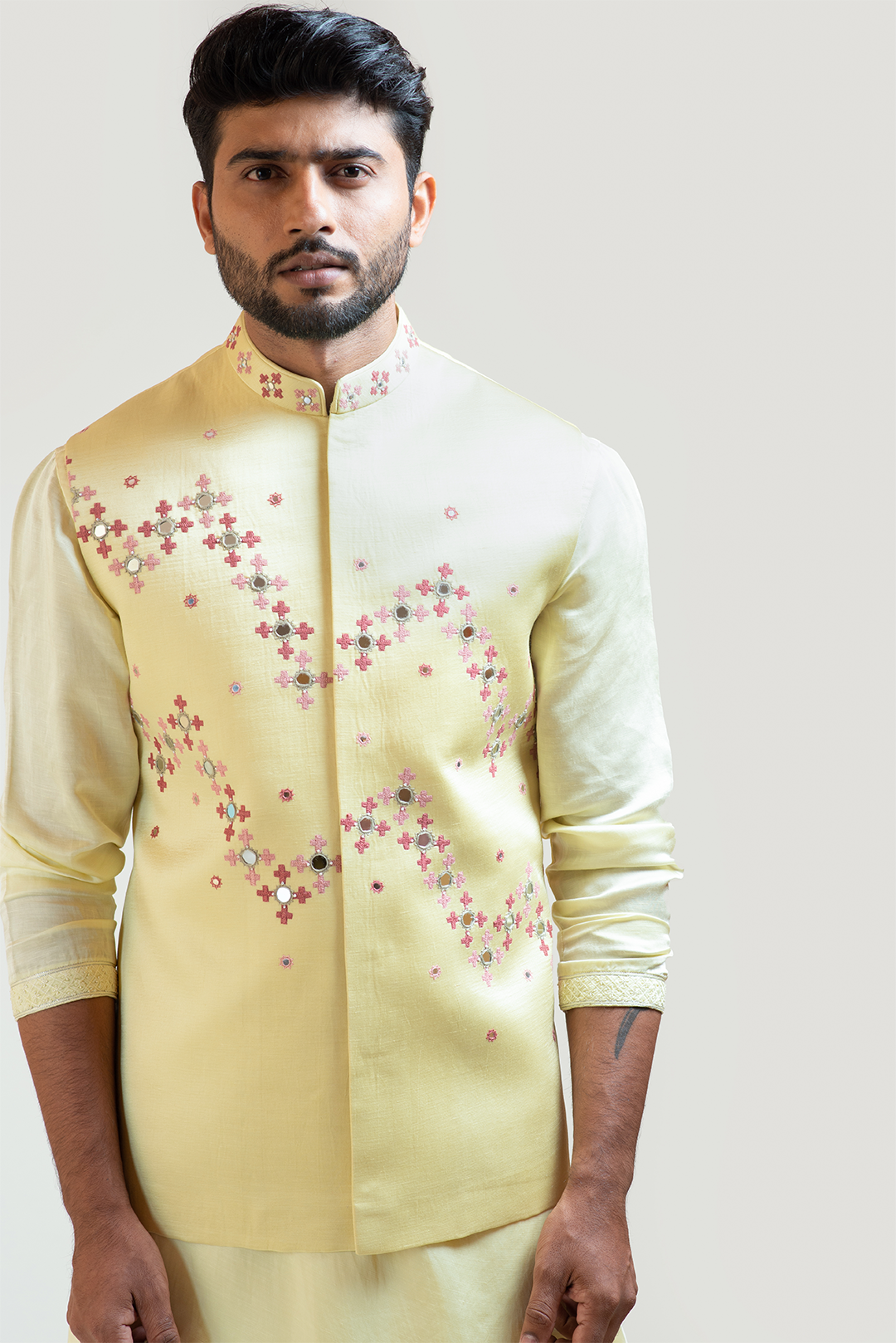 Yellow Gujrati work Nehru with Yellow Overlapping Drape Kurta Set