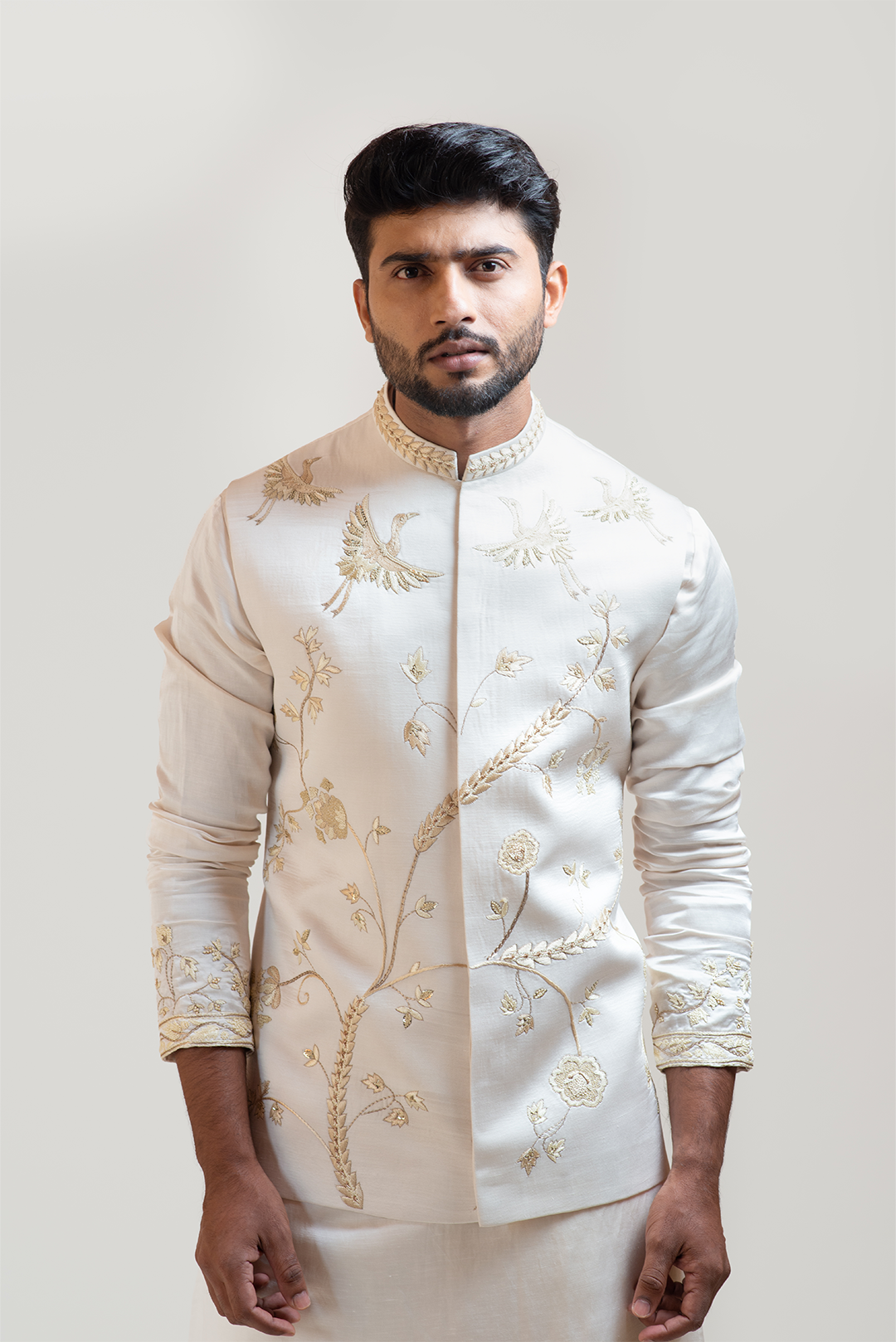 Cream Chintz Embroidered Nehru with Cream Embroidered kurta Set