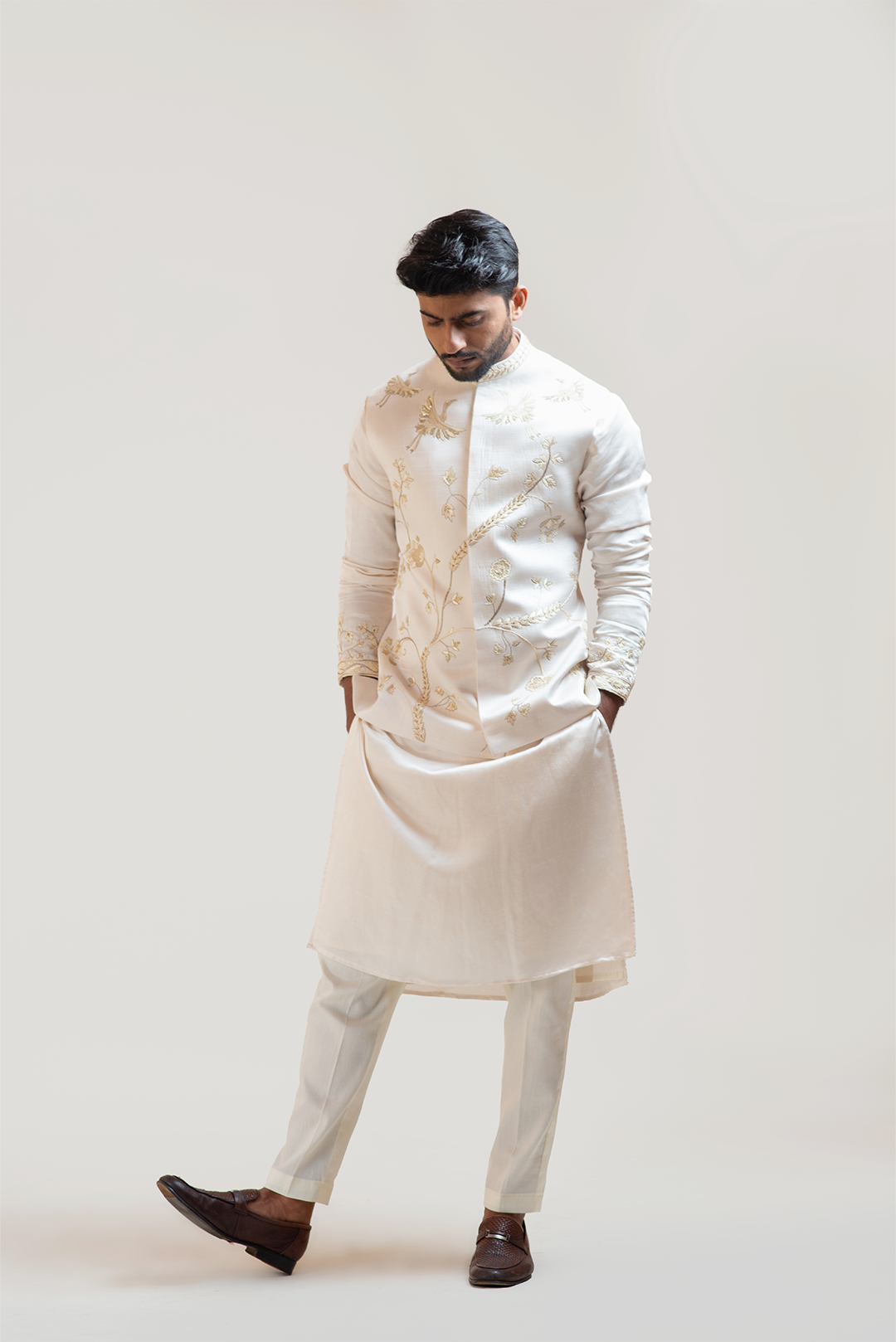 Cream Chintz Embroidered Nehru with Cream Embroidered kurta Set