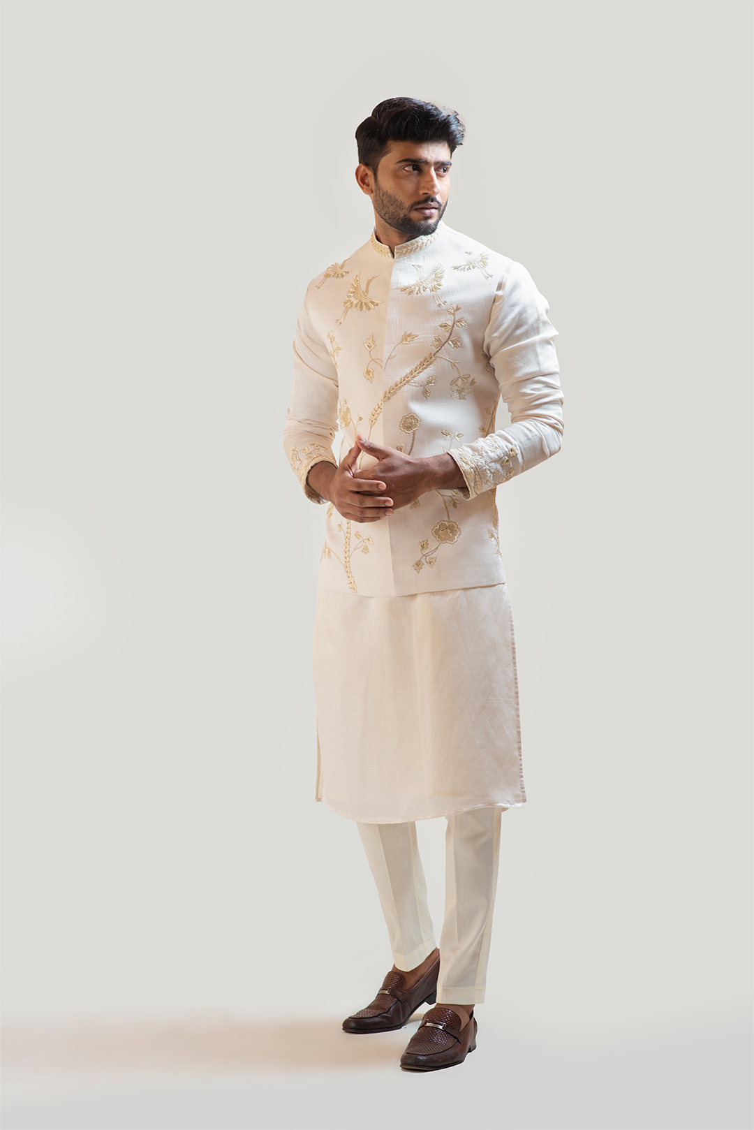 Cream Chintz Embroidered Nehru with Cream Embroidered kurta Set