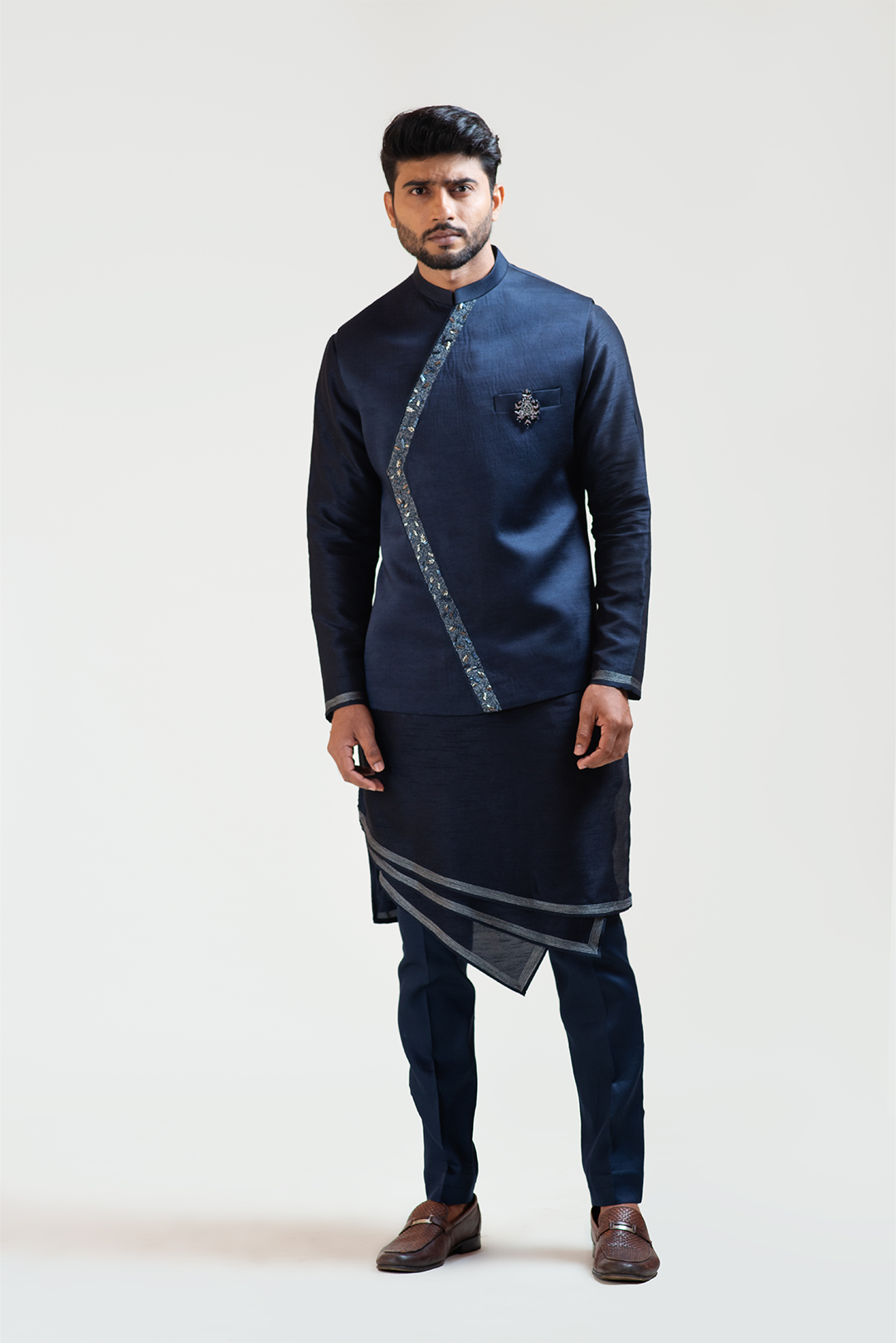 Blue Overlapping Embroidered Nehru