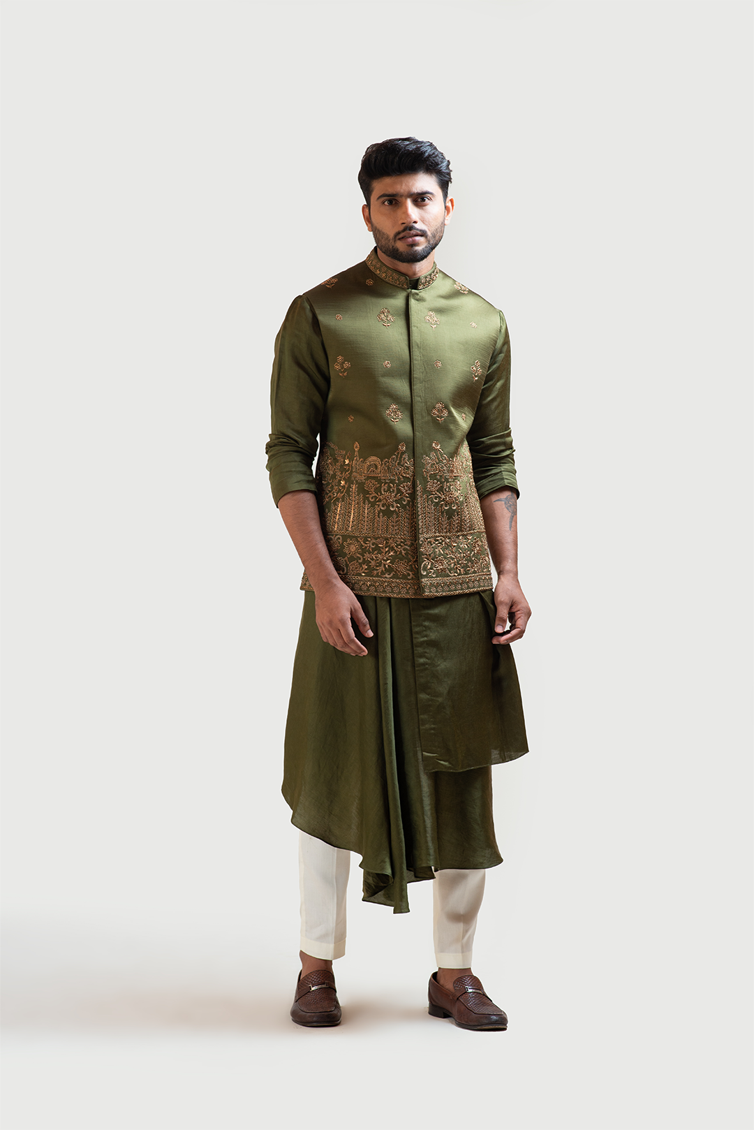 Mehendi Green Palki Nehru with Mehendi Green Drape Kurta Set