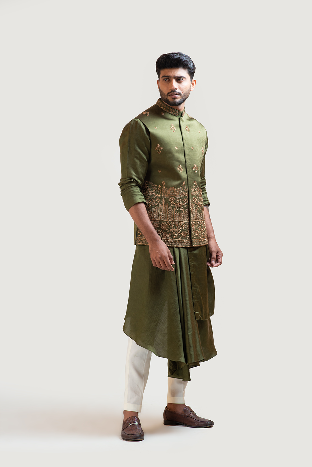 Mehendi Green Palki Nehru with Mehendi Green Drape Kurta Set