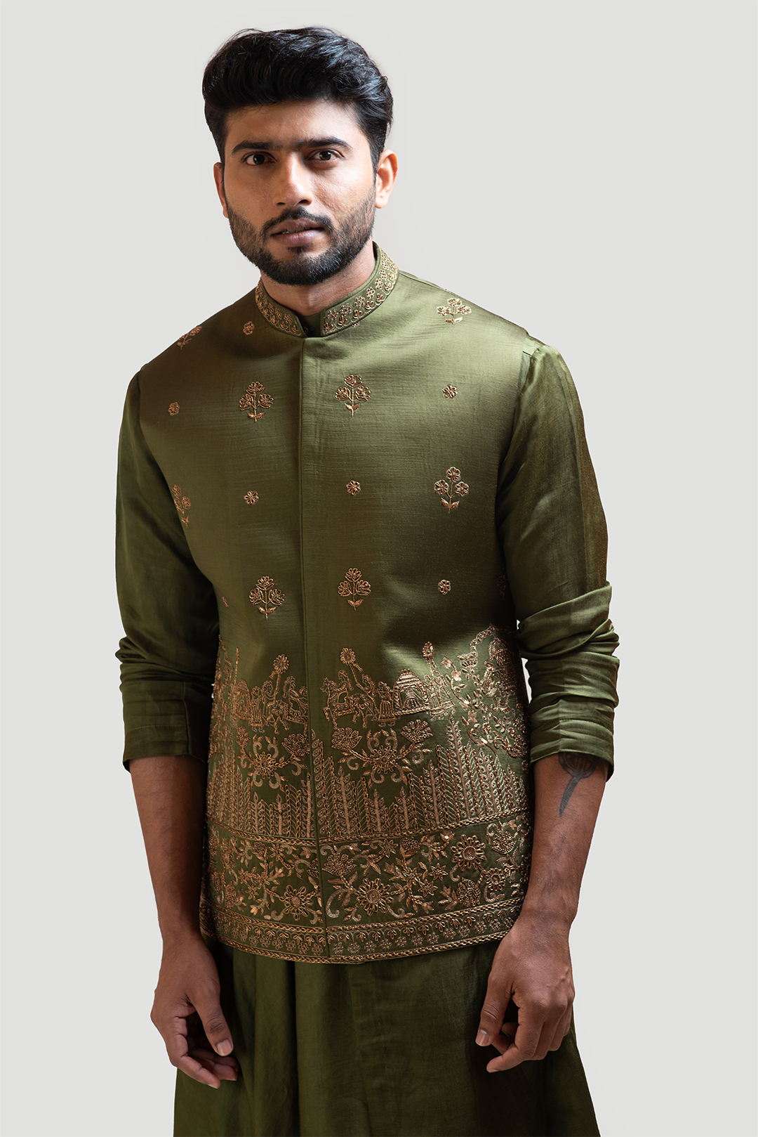 Mehendi Green Palki Nehru with Mehendi Green Drape Kurta Set