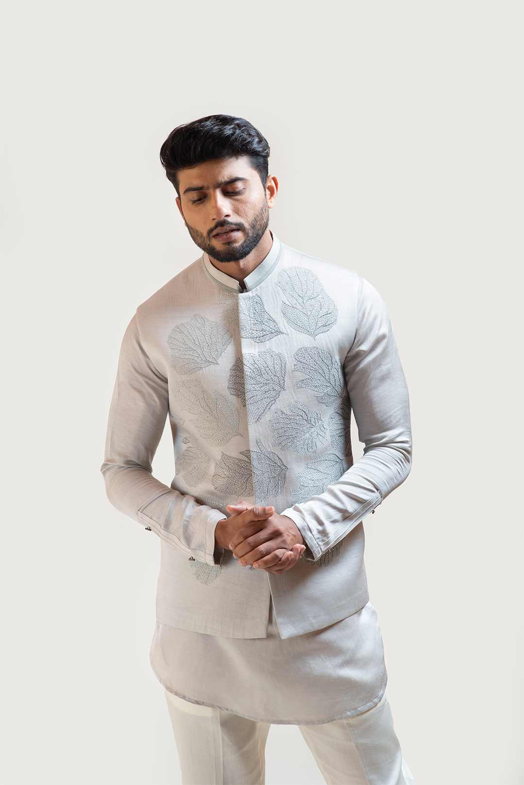 Grey Maple Leaf Nehru with Grey Short Kurta Set with Pintucks Detailing