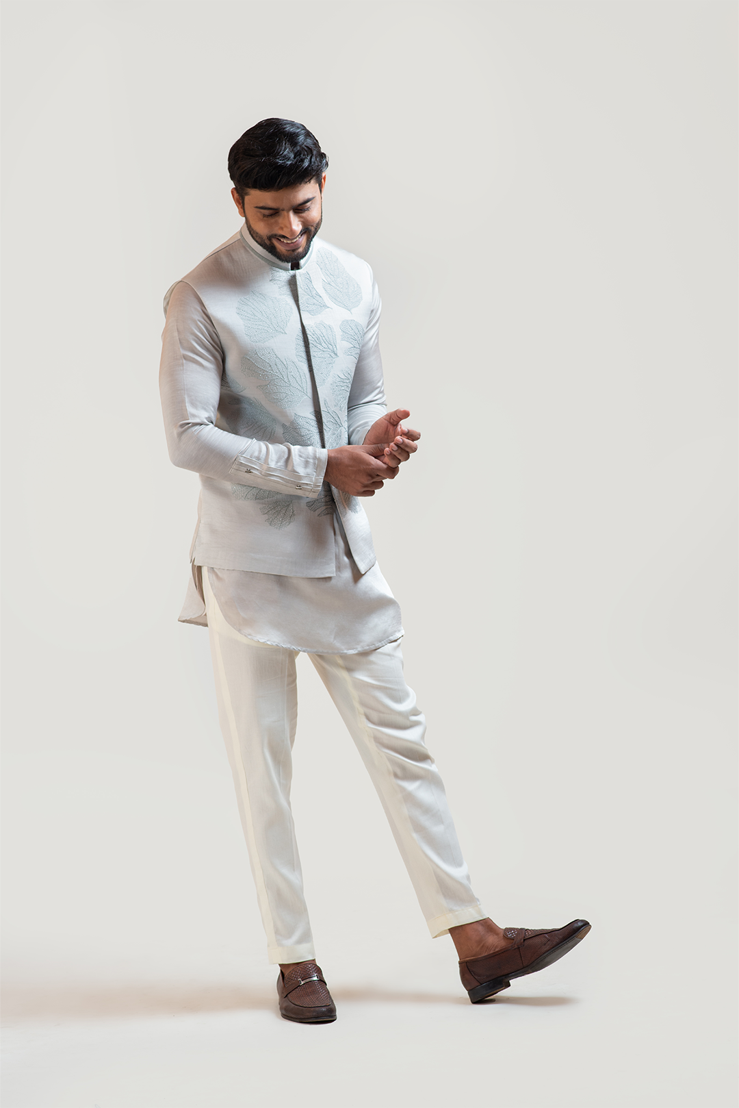 Grey Maple Leaf Nehru with Grey Short Kurta Set with Pintucks Detailing