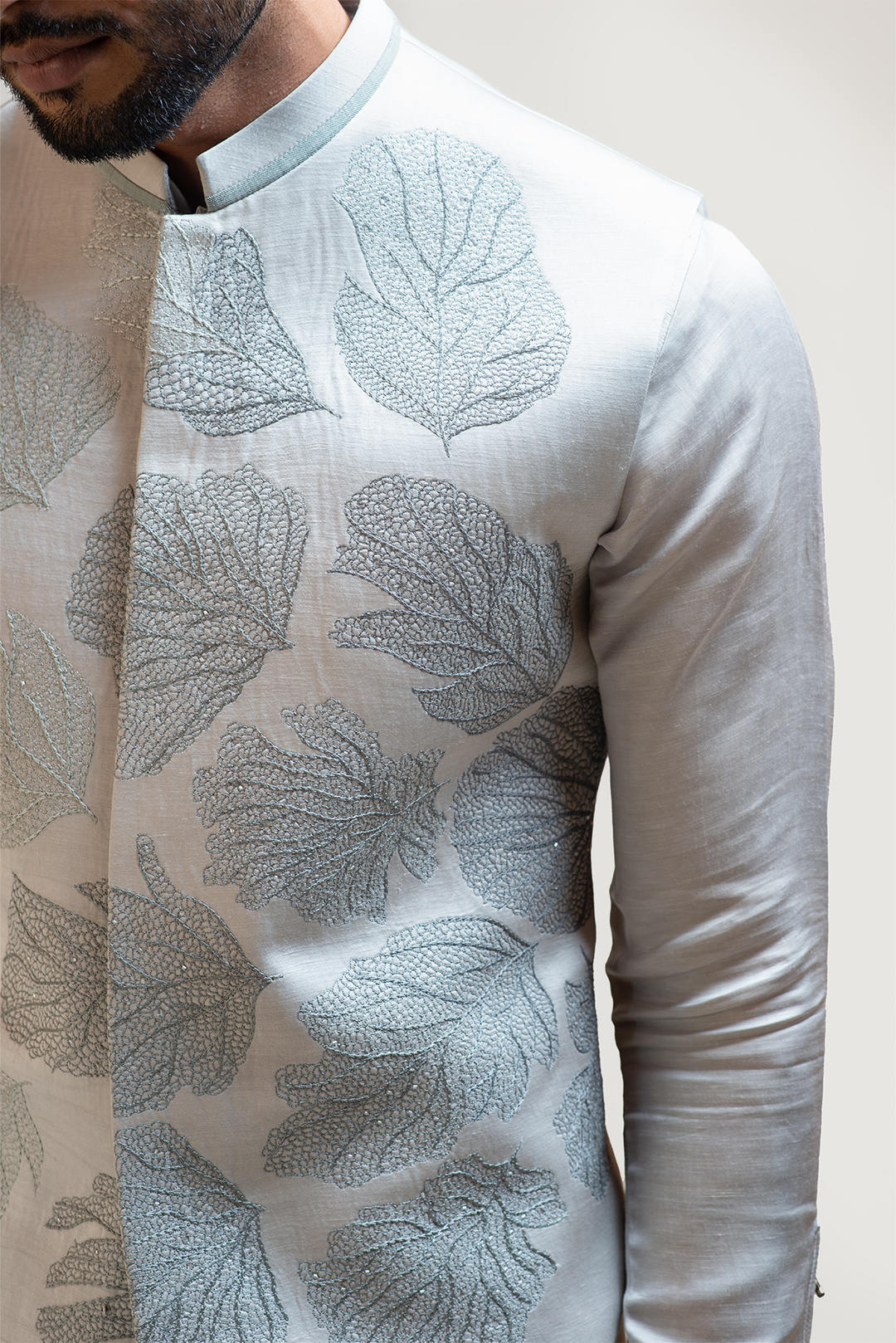 Grey Maple Leaf Nehru with Grey Short Kurta Set with Pintucks Detailing