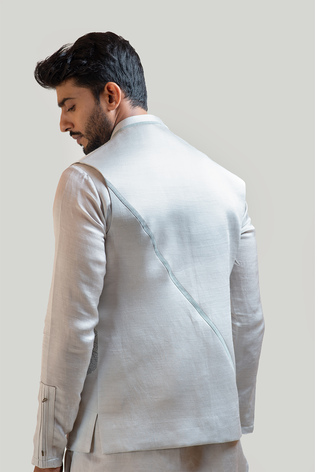 Grey Maple Leaf Nehru with Grey Short Kurta Set with Pintucks Detailing