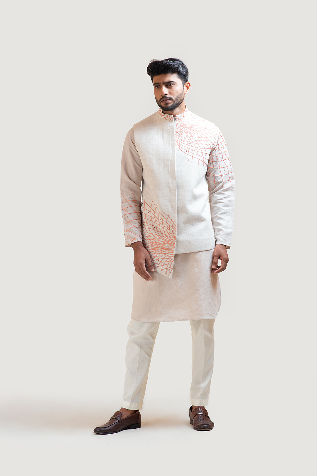 Grey A-Symmetric Nehru with Grey Circular embroidery kurta Set