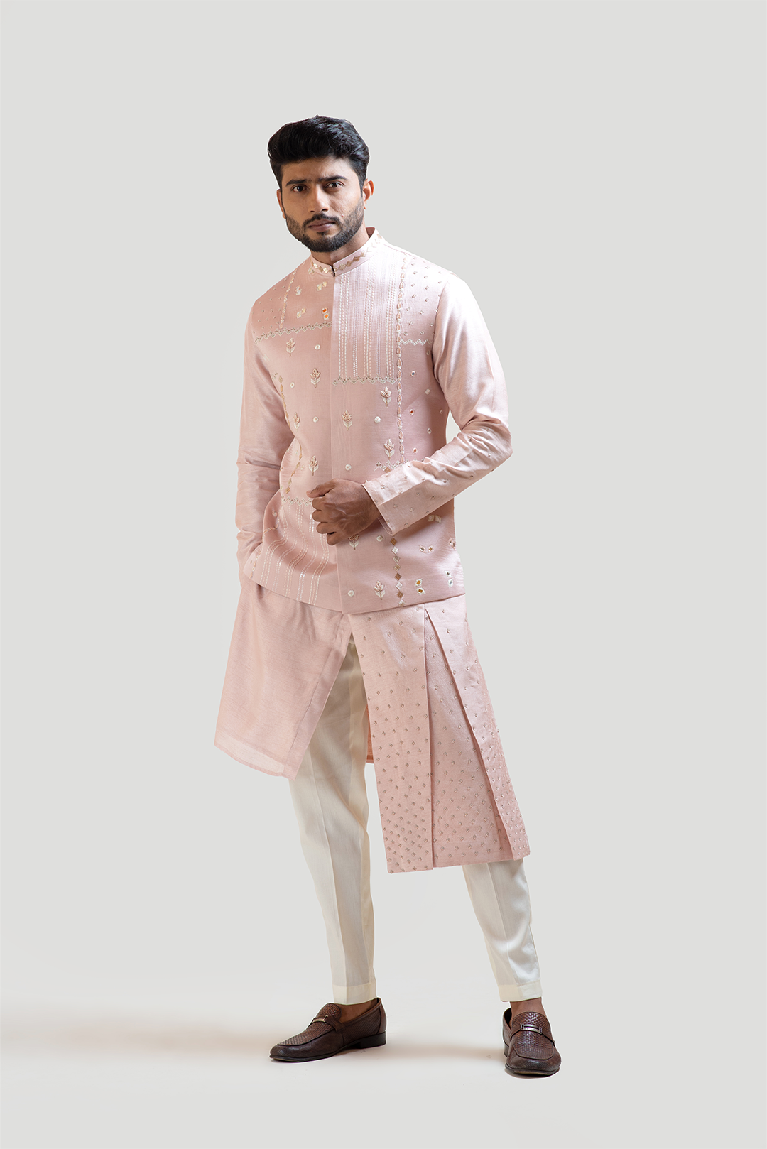 Onion Pink Mirror Work Nehru