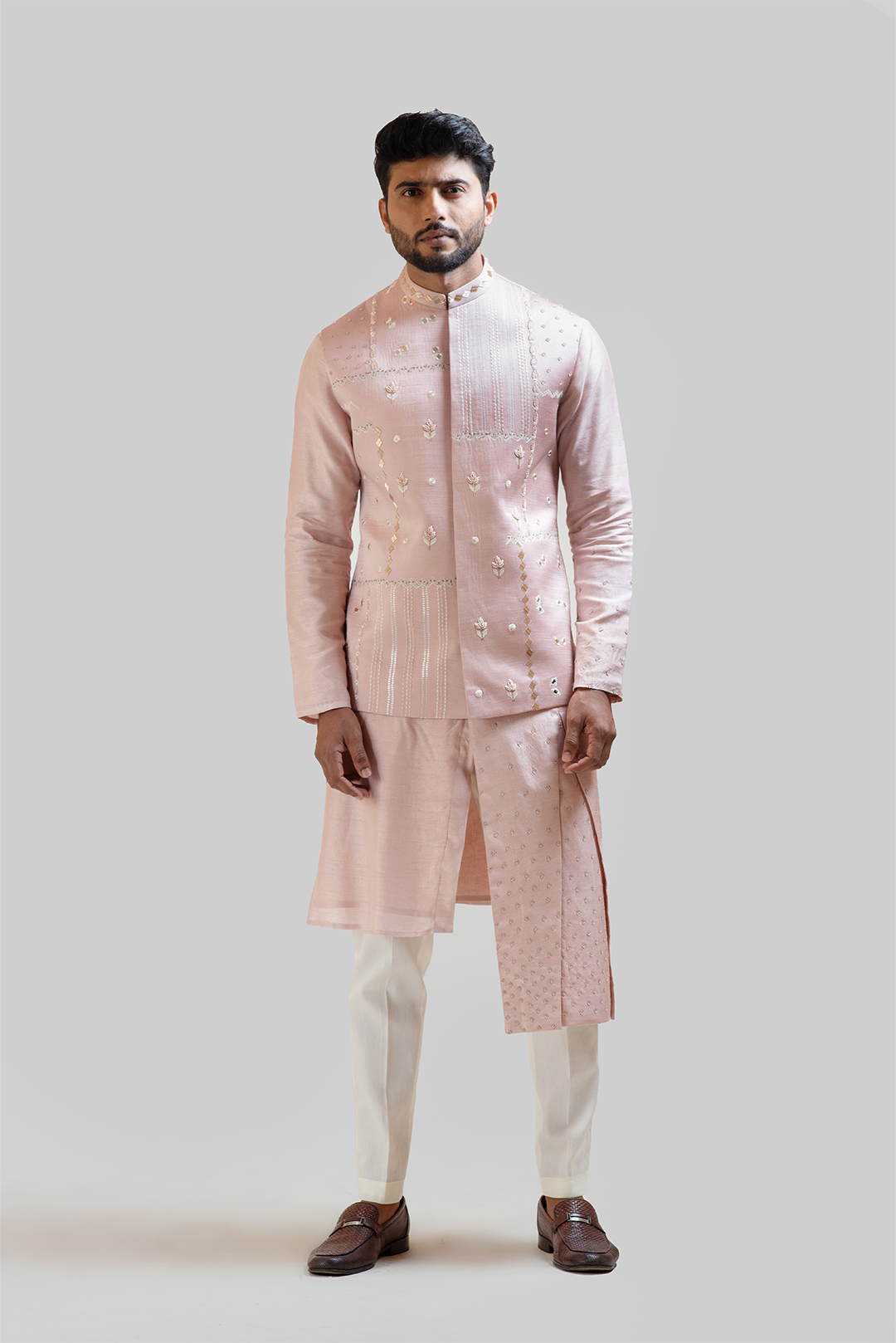 Onion Pink Mirror work Nehru with Onion Pink Pleated Kurta Set