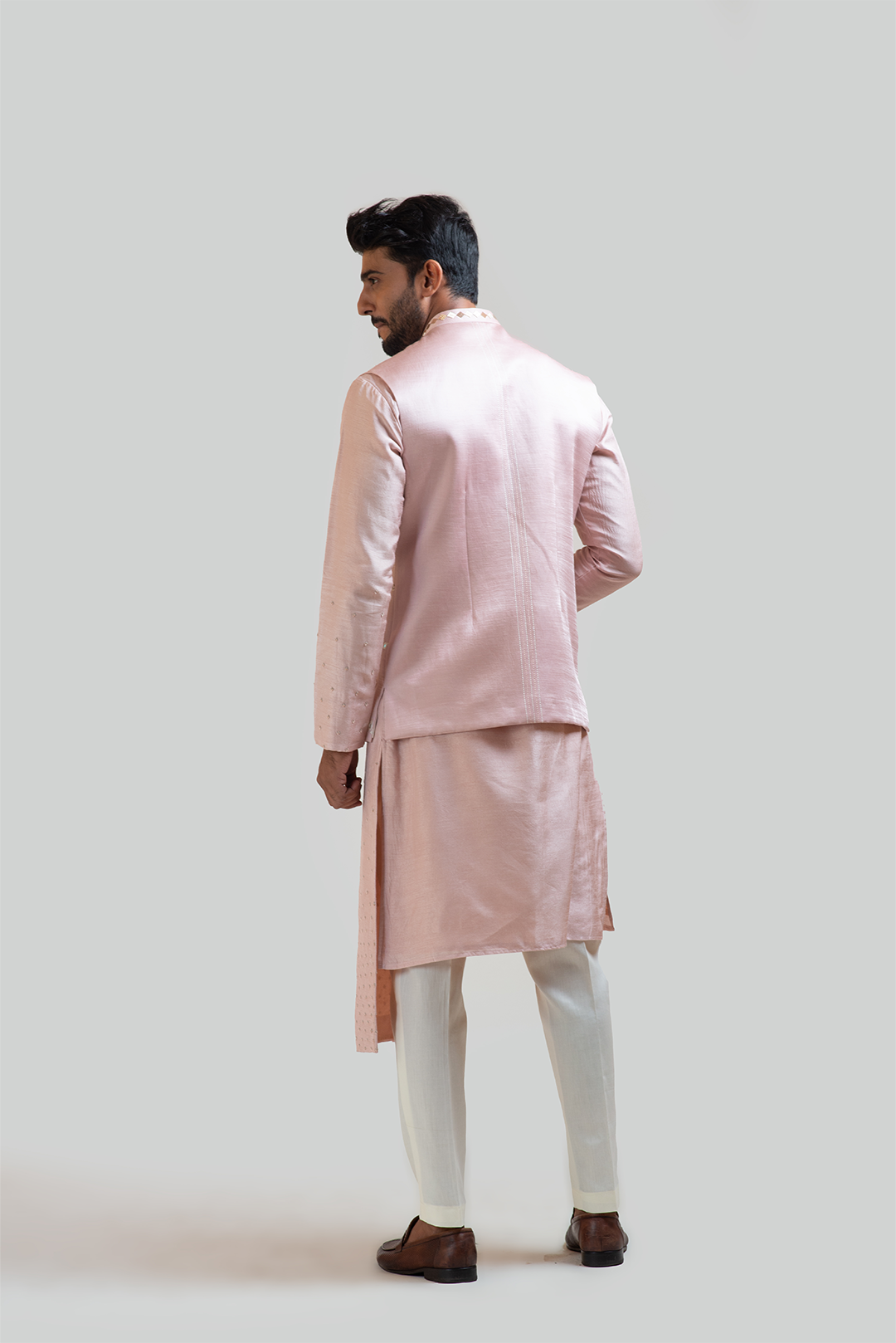 Onion Pink Mirror work Nehru with Onion Pink Pleated Kurta Set