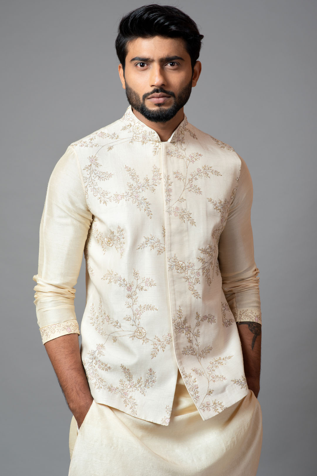 Off white Nehru jacket with delicate jaal embroidery RTS