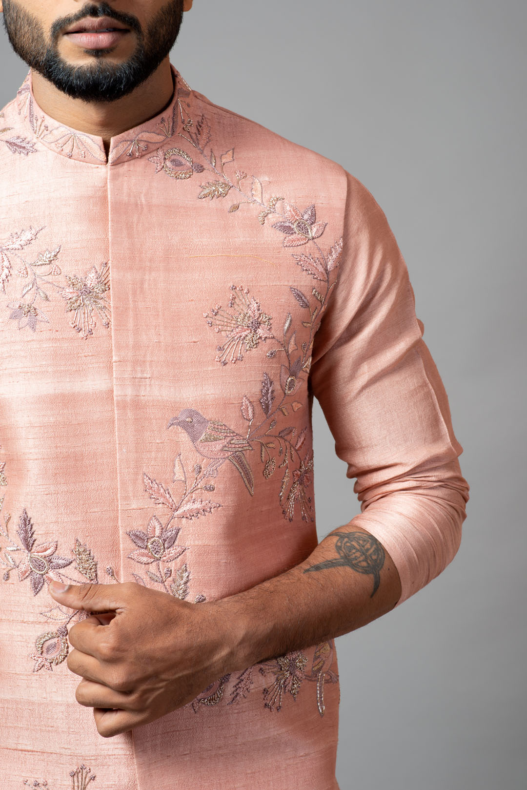 Onion pink Nehru jacket and kurta set with hand embroidery