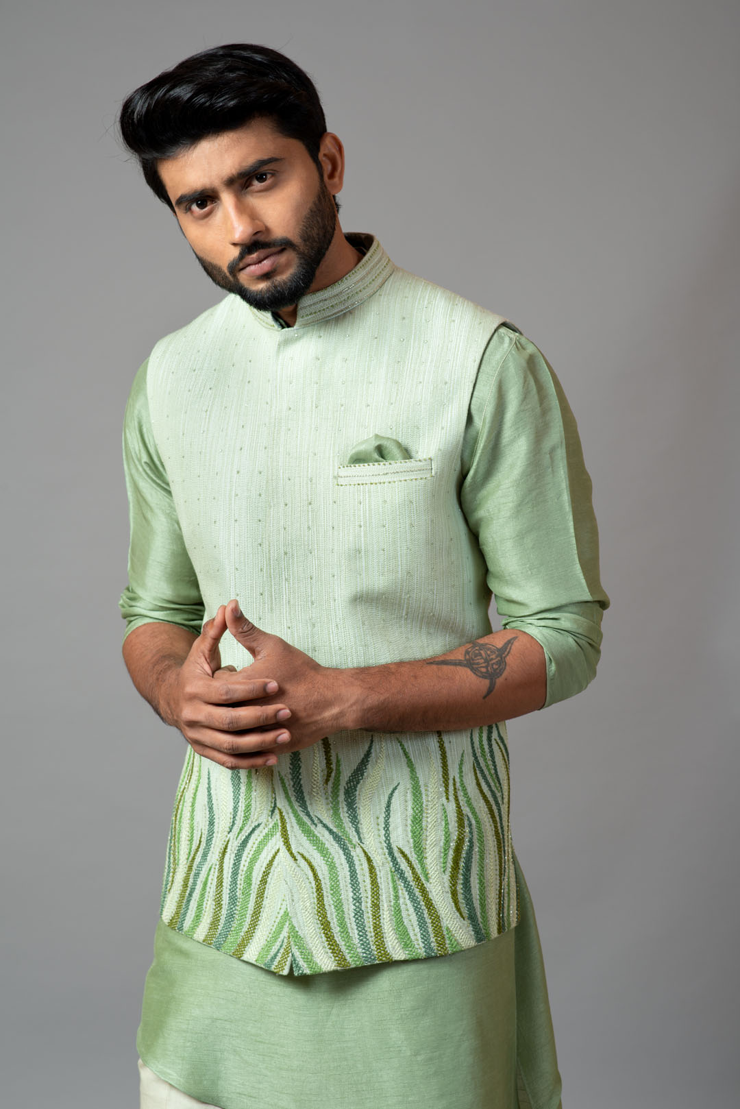 Stitchlines and embroidered nehru with assymetric kurta