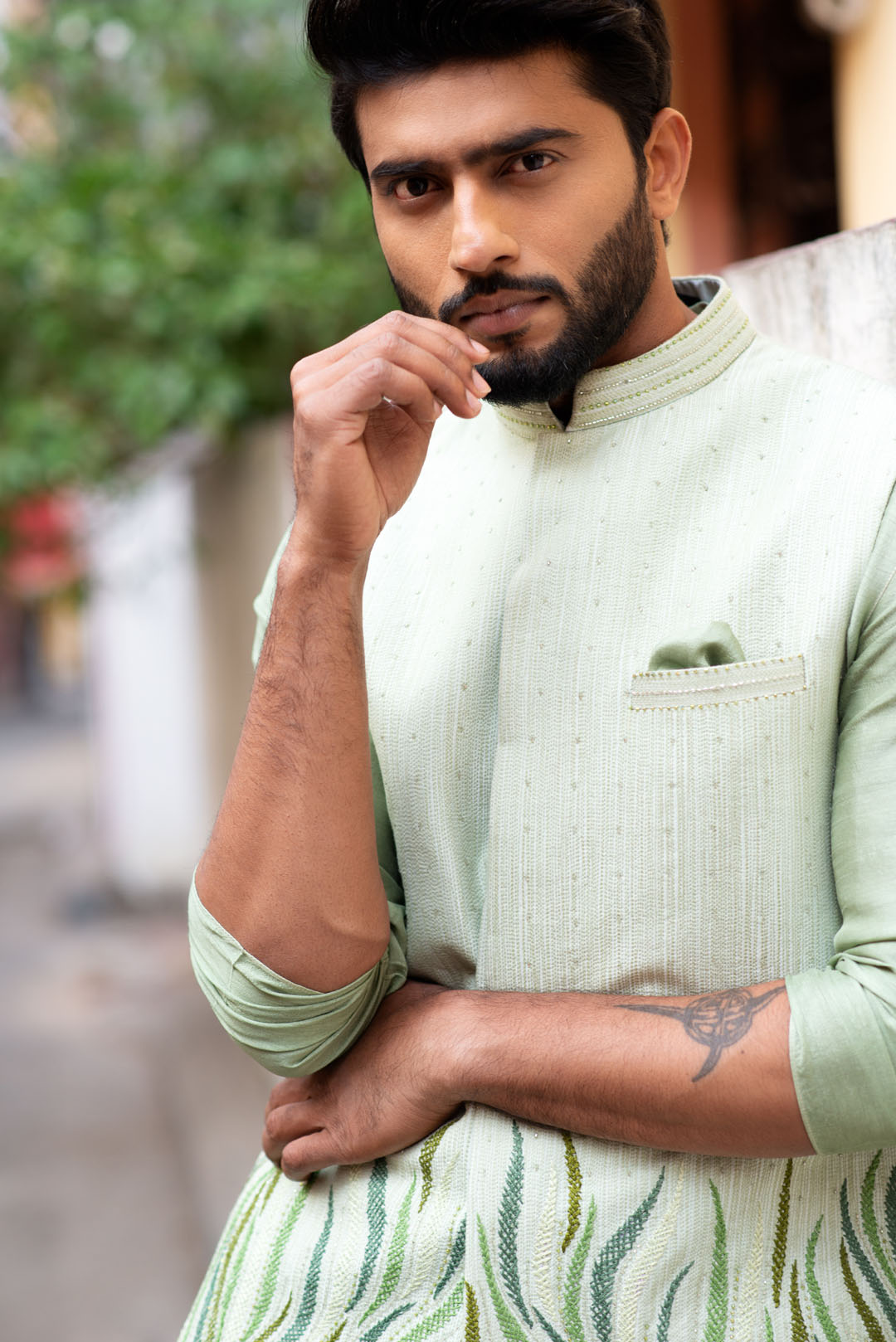 Olive green chanderi kurta with stitchlines nehru and resham embroidery