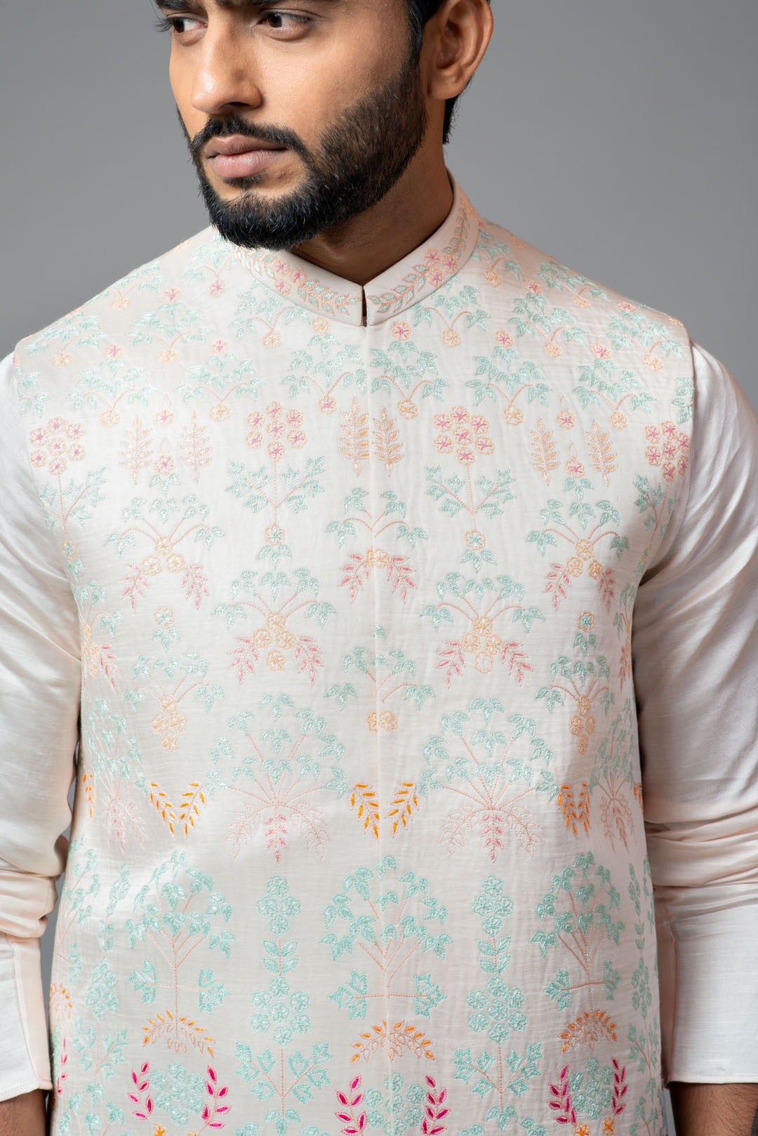 Multicolour embroidered long nehru with kurta and pant pyjama