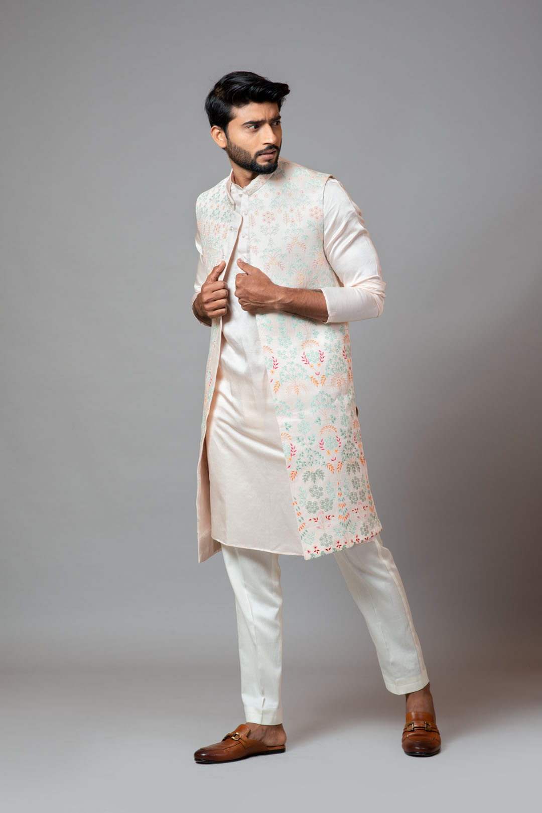 Multicolour embroidered long nehru with kurta and pant pyjama