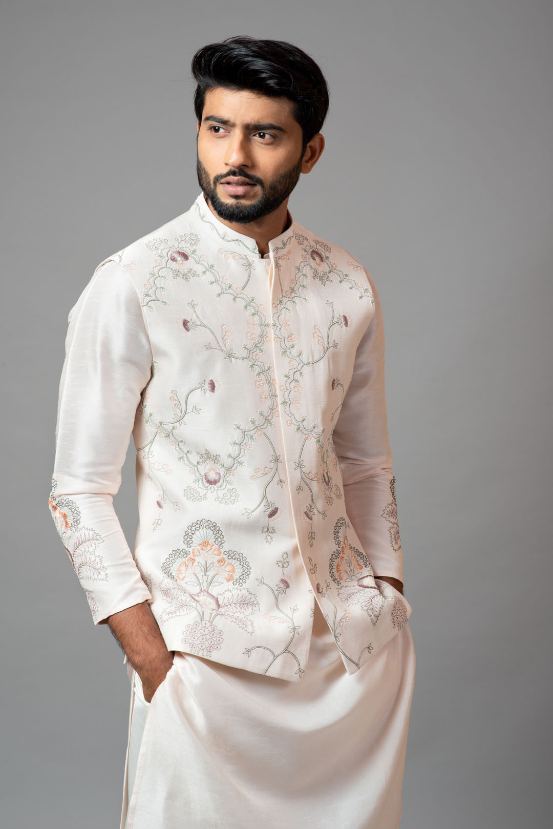 Baby pink Nehru jacket with Multi colour garden themed embroidery