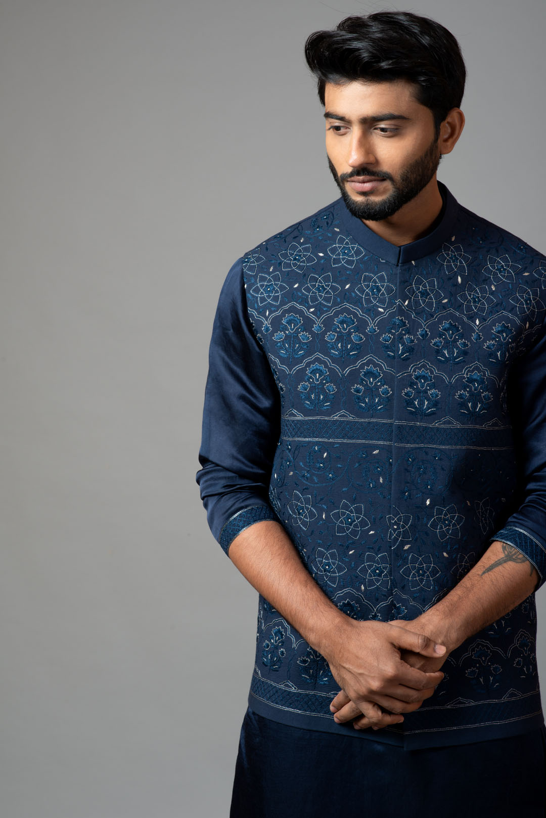 Navy Blue Kora Nehru jacket with Mughal inspired embroidery.