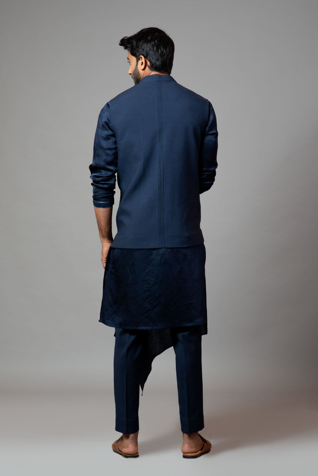 Navy Blue Kora Nehru jacket with Mughal inspired embroidery.