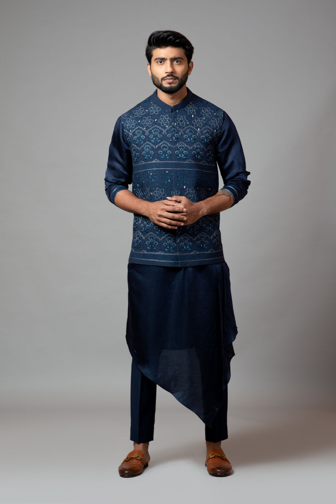 Navy Blue Kora Nehru jacket with Mughal inspired embroidery.