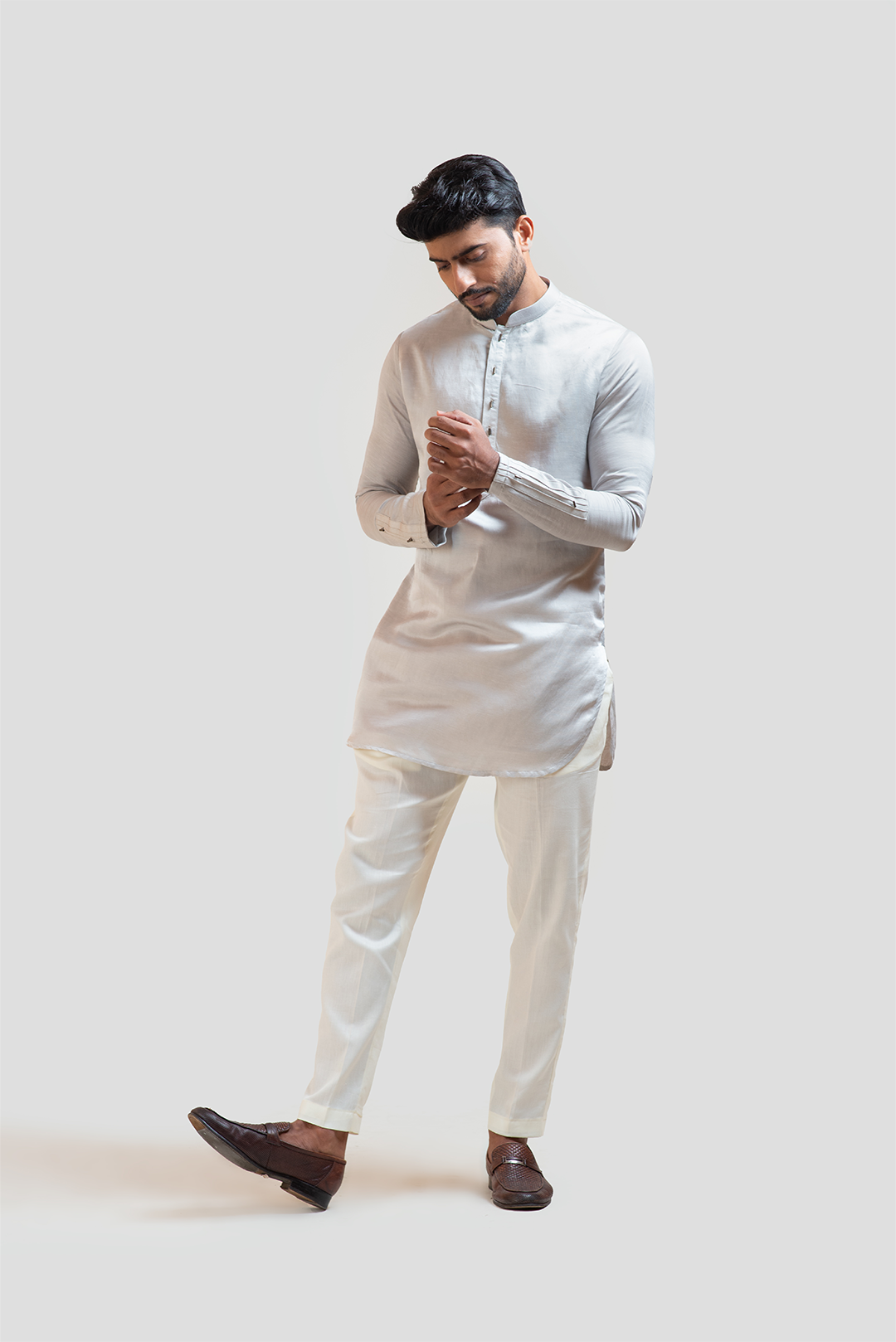 Grey Maple Leaf Nehru with Grey Short Kurta Set with Pintucks Detailing
