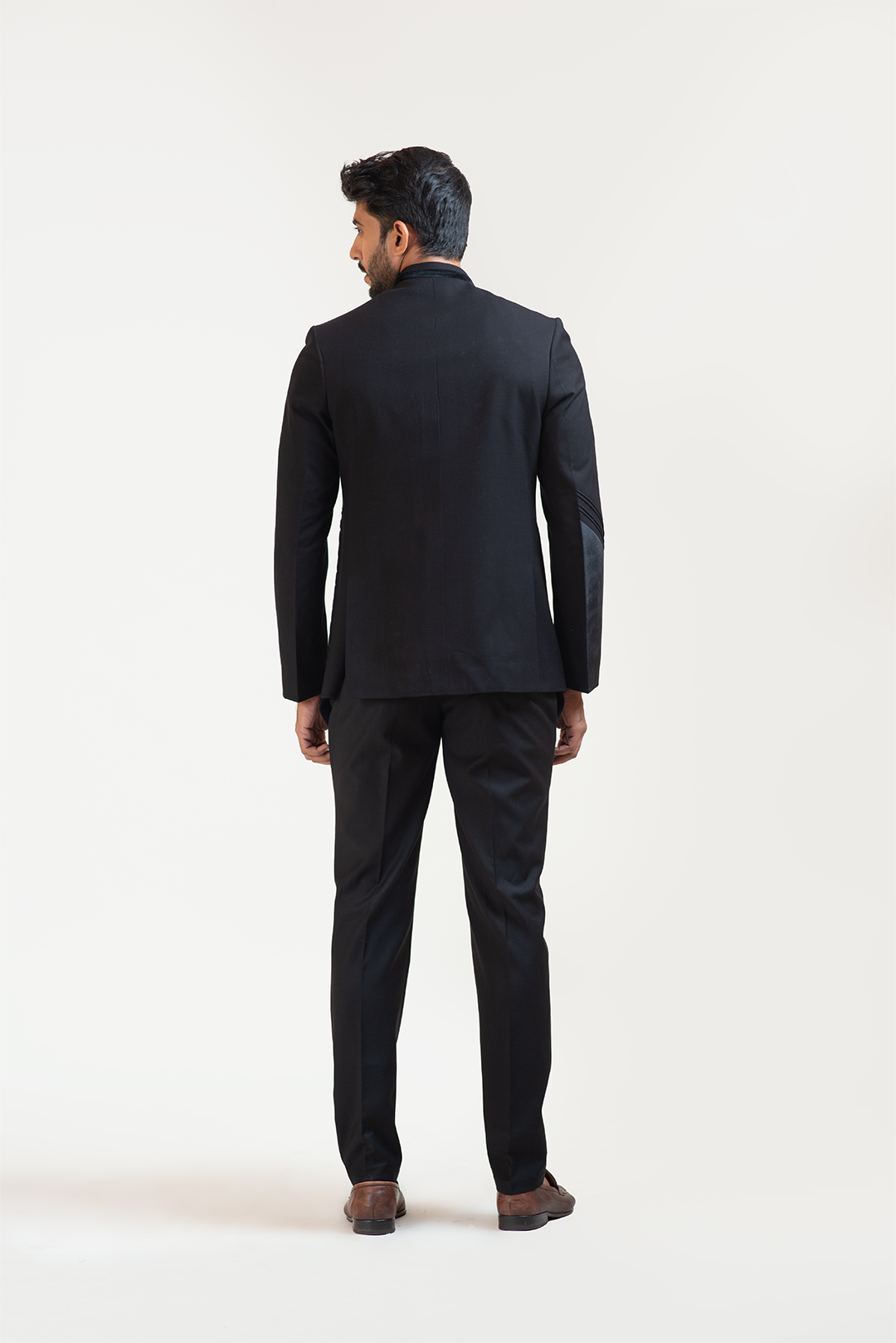 Black Pintucks Embroidered Princecoat With Velvet Detailing
