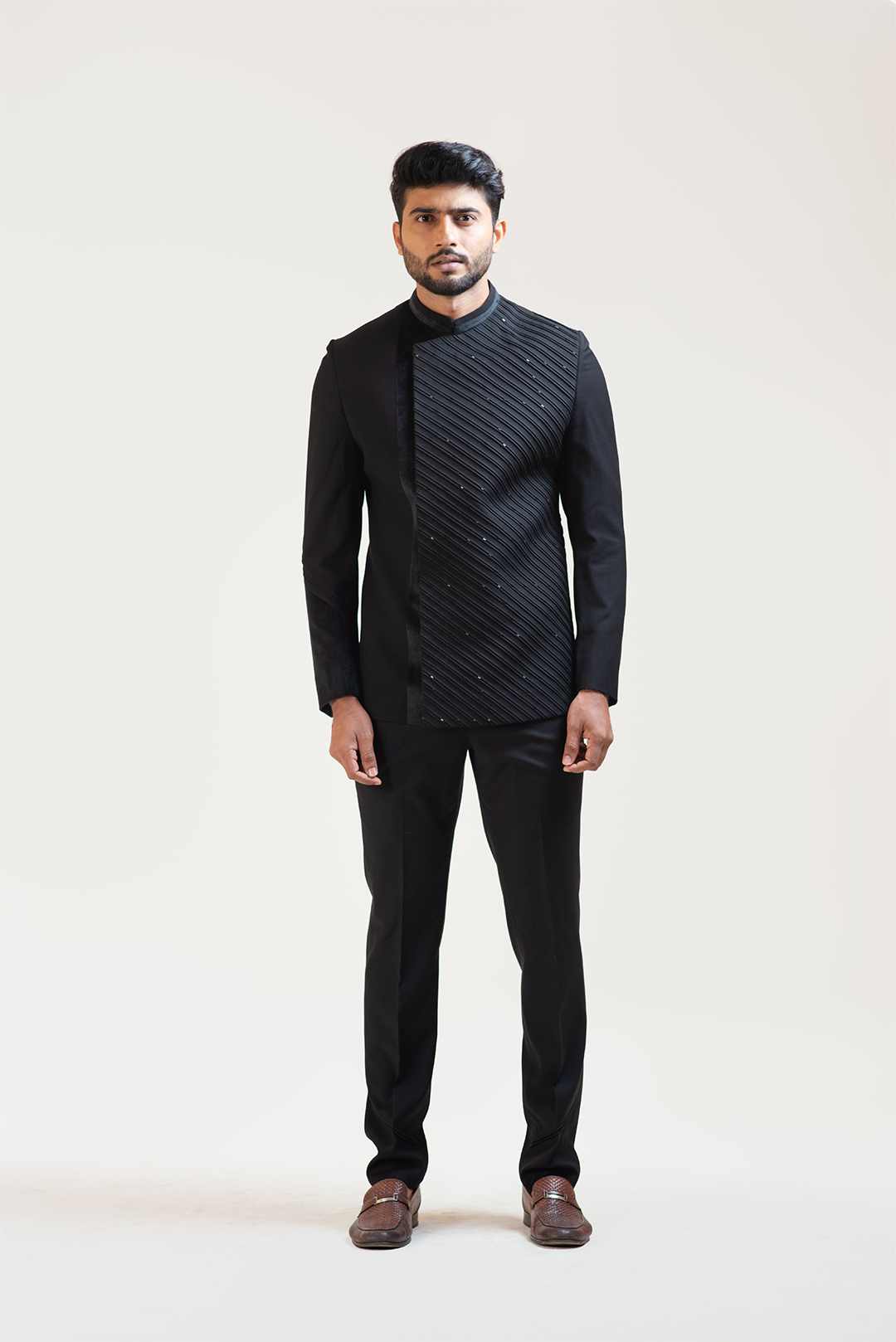 Black Pintucks Embroidered Princecoat With Velvet Detailing