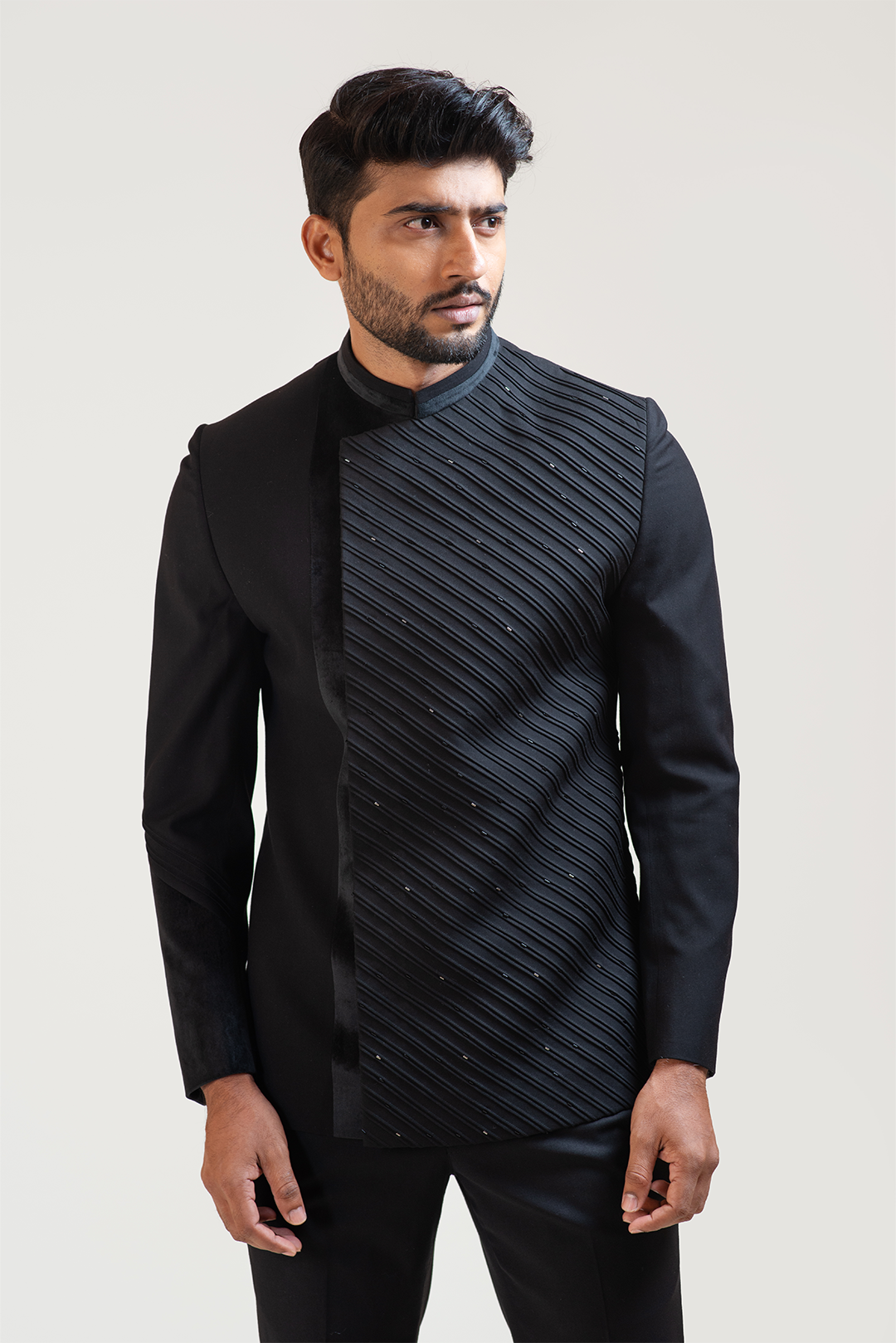 Black Pintucks Embroidered Princecoat With Velvet Detailing