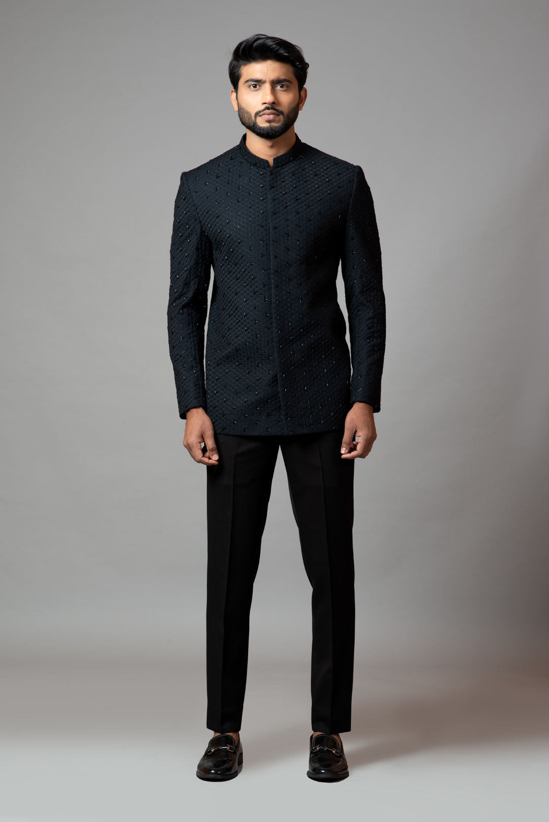 Bandhgala with honeycomb and katdana embroidery