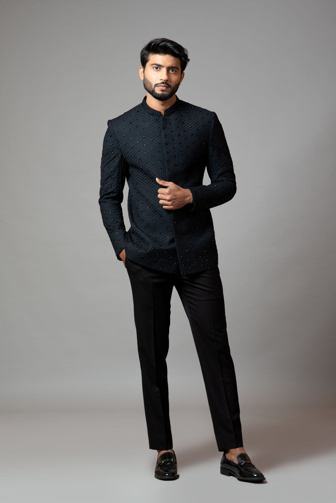 Bandhgala with honeycomb and katdana embroidery