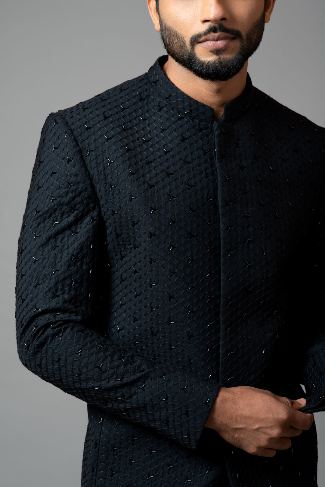 Bandhgala with honeycomb and katdana embroidery