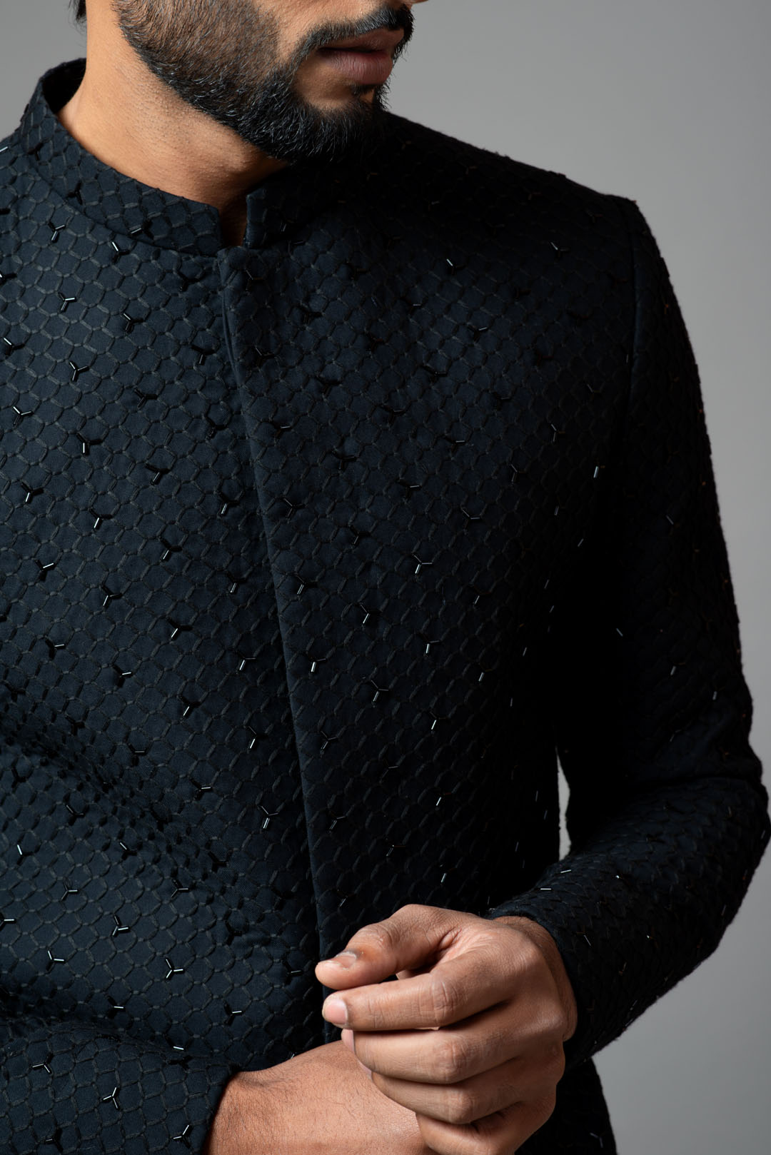 Bandhgala with honeycomb and katdana embroidery