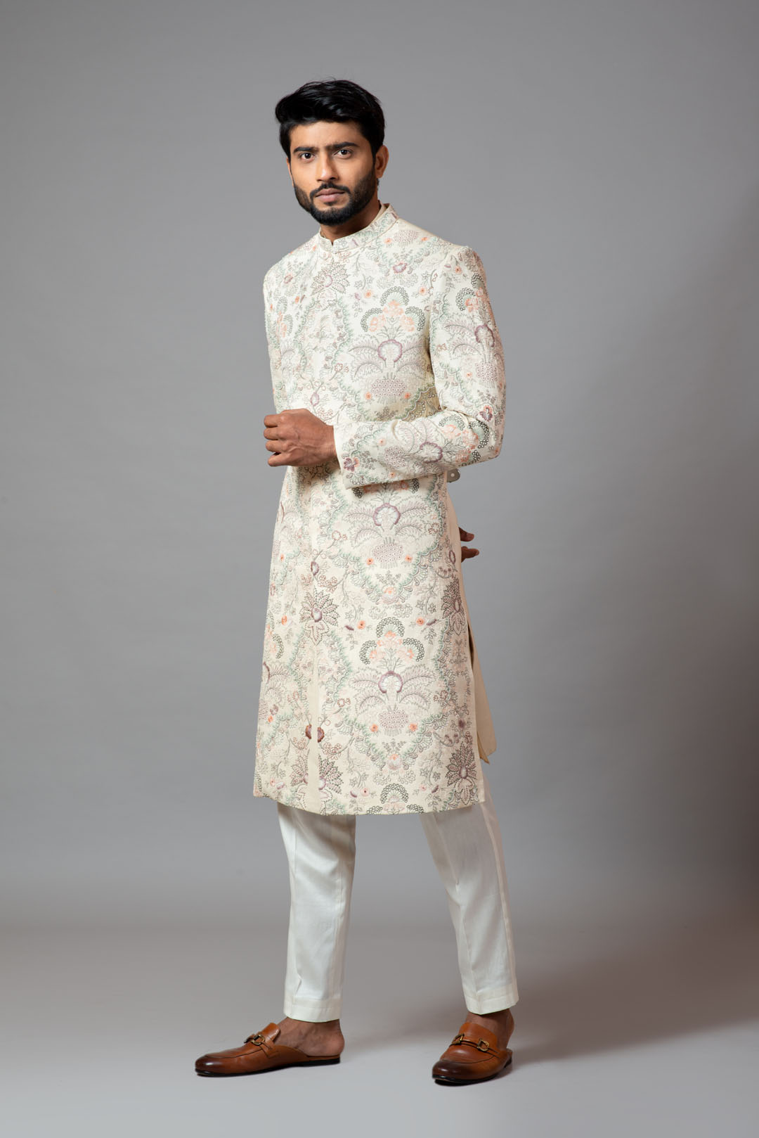 Multicolour jaal work sherwani with pant pajama