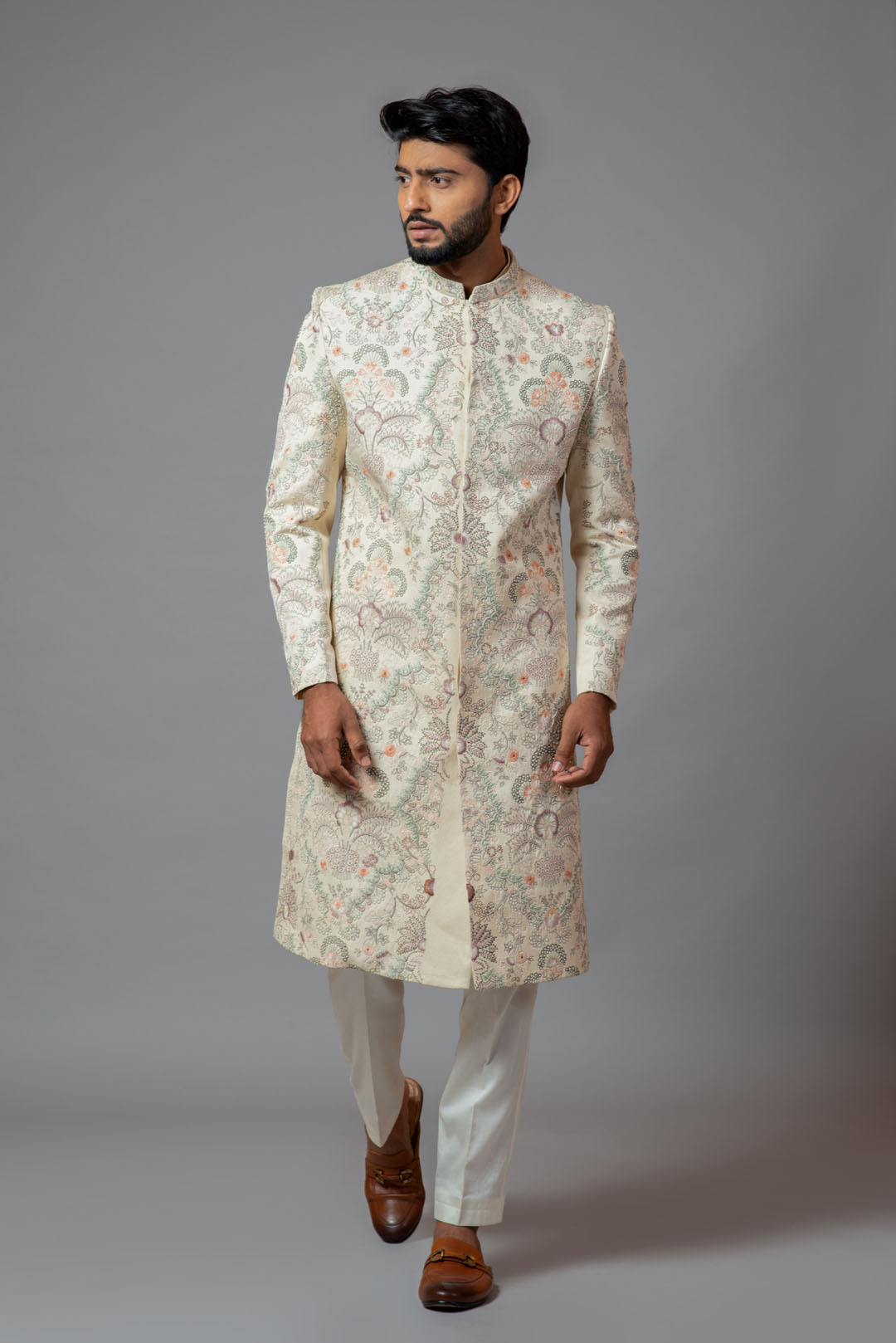 Multicolour jaal work sherwani with pant pajama