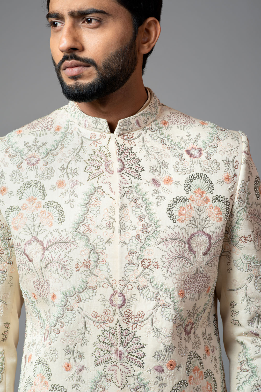 Multicolour jaal work sherwani with pant pajama