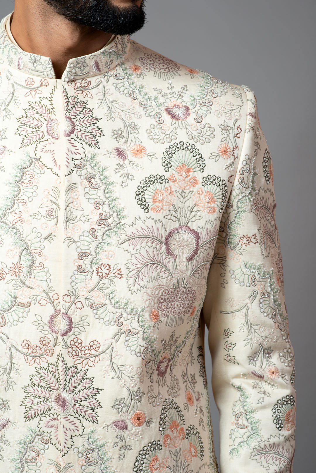 Multicolour jaal work sherwani with pant pajama