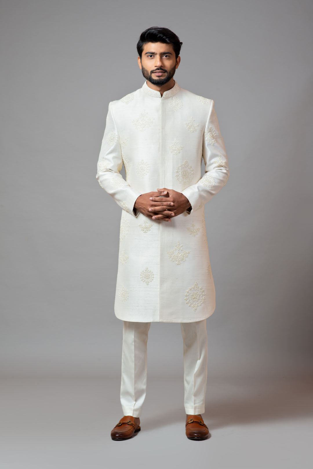 White embroidered sherwani
