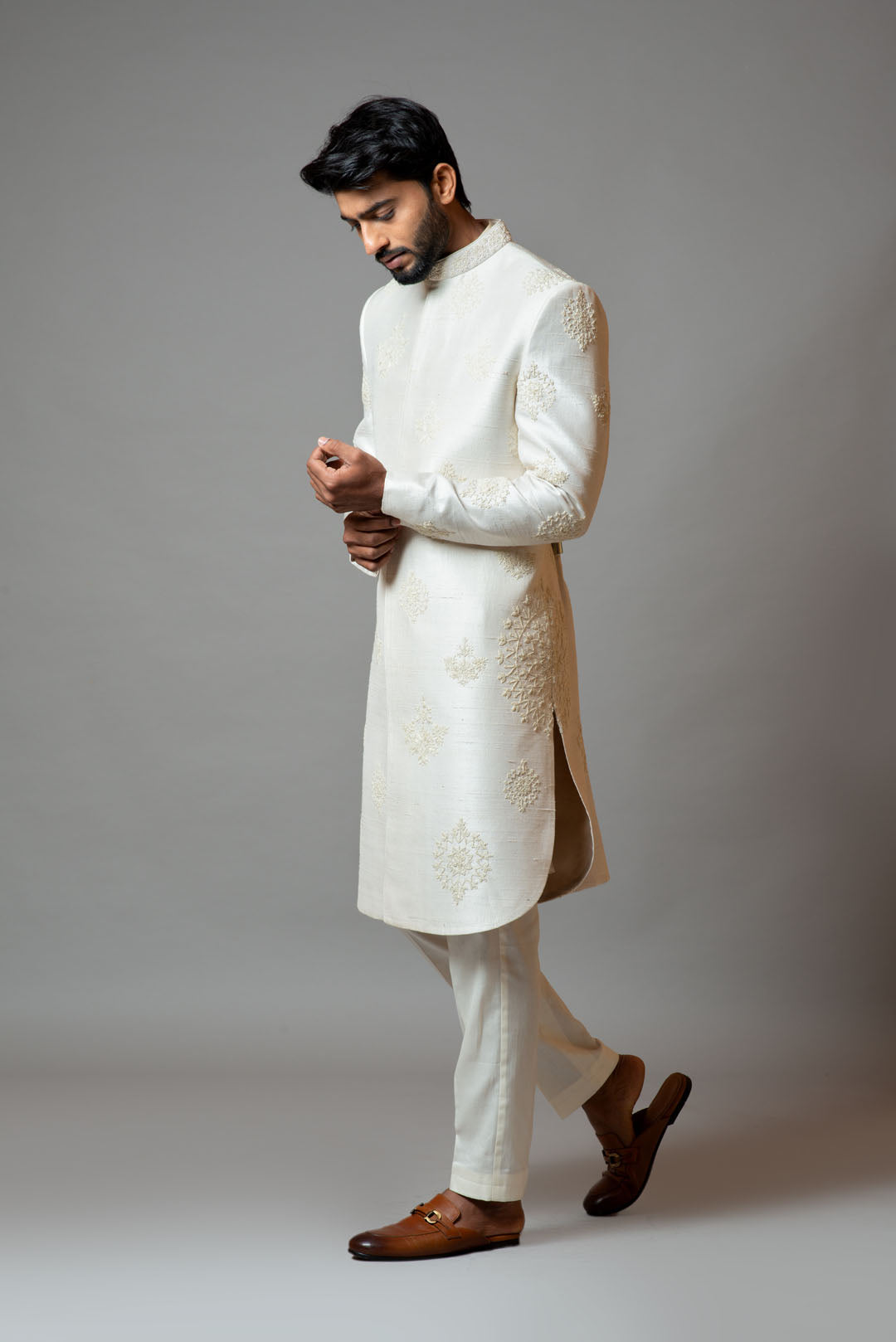 White embroidered sherwani