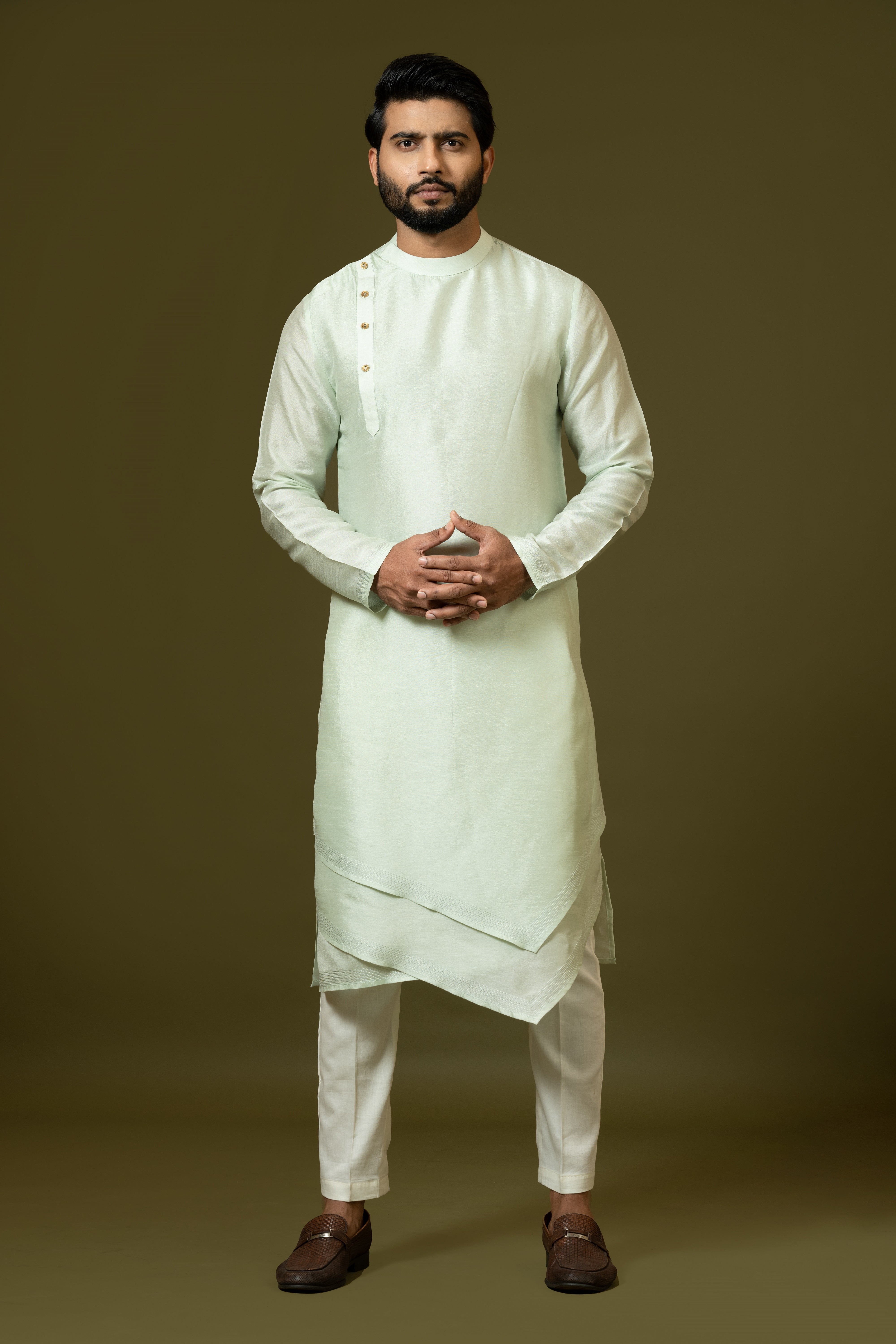 Mint green tripple layer angrakha kurta in Bam Silk Kurta se