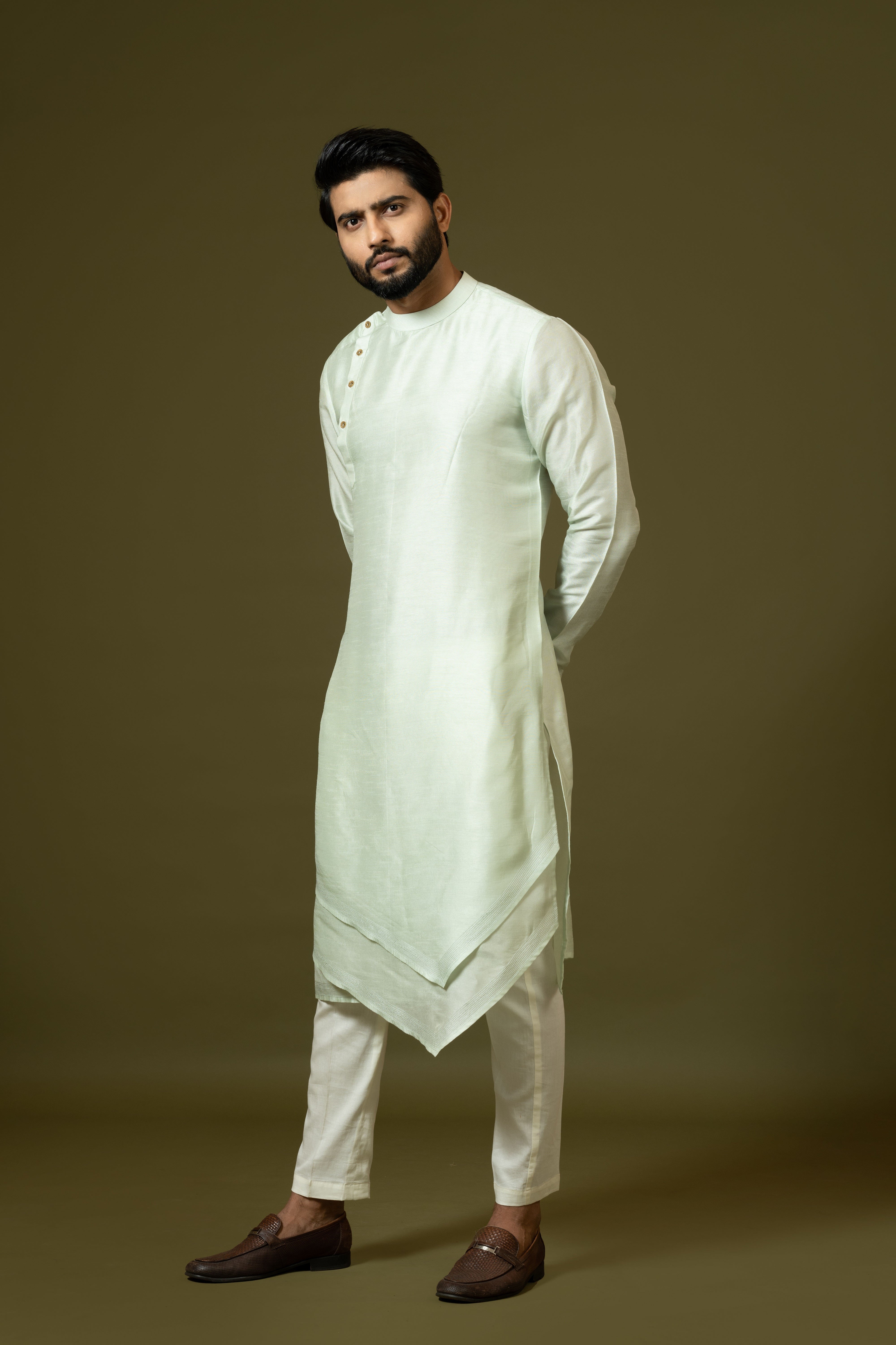 Mint green tripple layer angrakha kurta in Bam Silk Kurta se