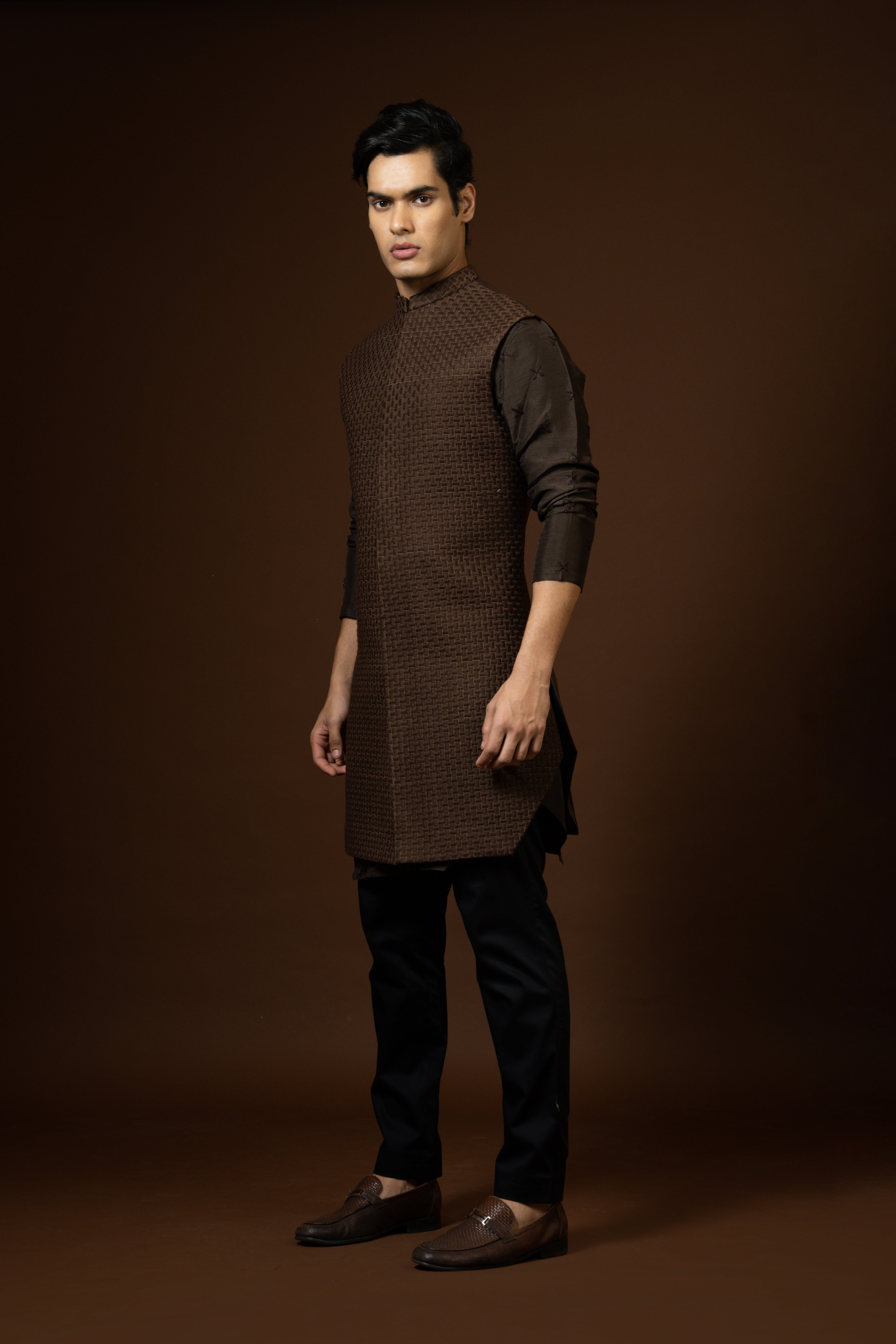 BROWN BASKET WEAVE NEHRU KURTA SET