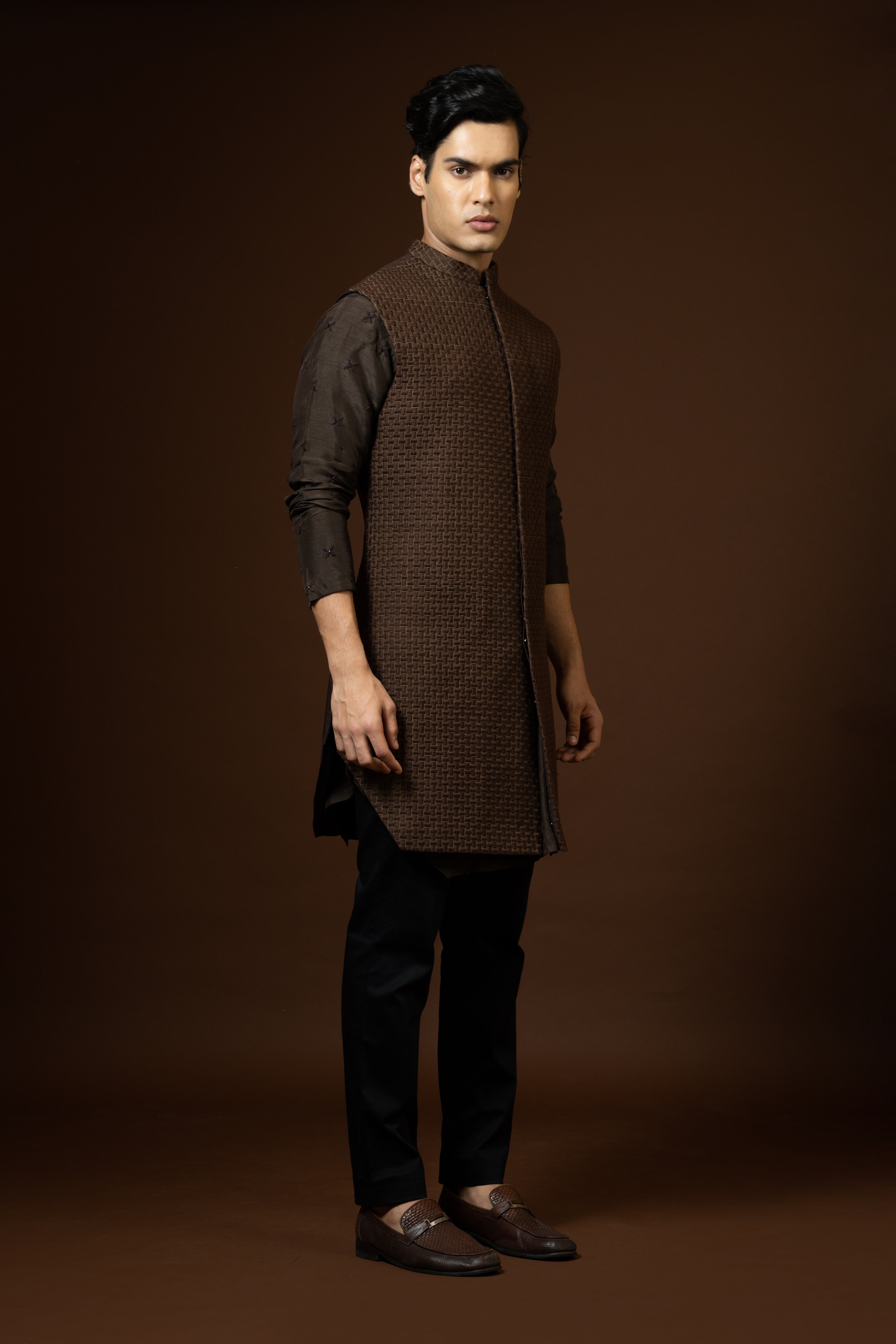 BROWN BASKET WEAVE NEHRU KURTA SET