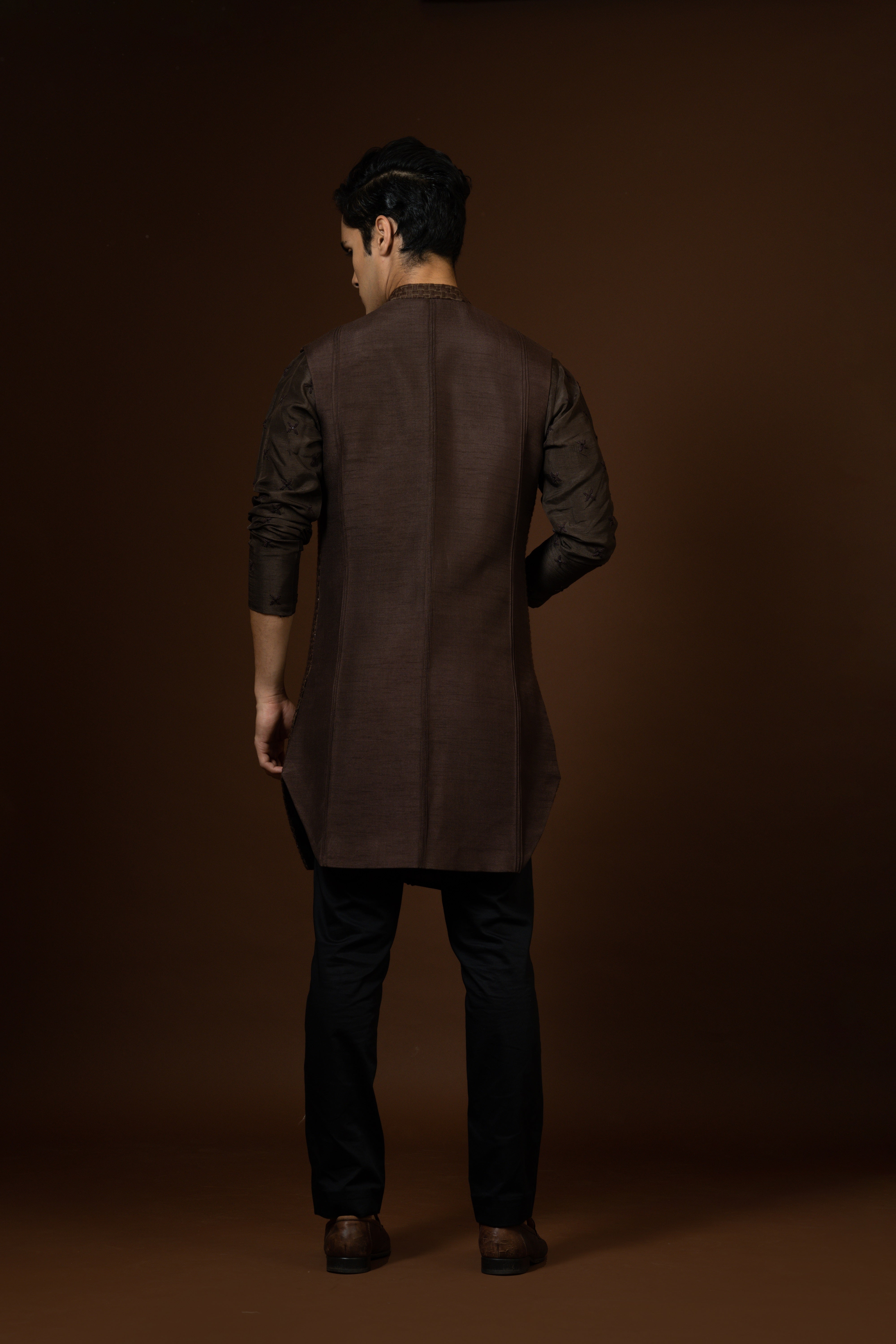 BROWN BASKET WEAVE NEHRU KURTA SET