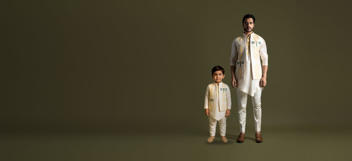 Father and son in matching Paarsh Dragonfly Nehru kurta sets