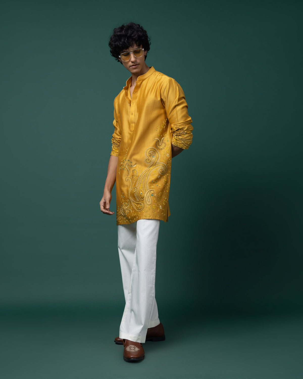 Marigold Teal kurta set by Paarsh Atelier, Aarohan collection