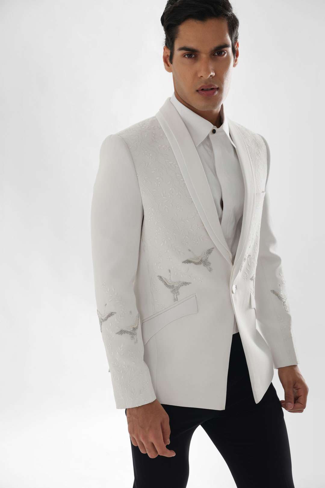 Machine Embroidered Tuxedo Highlighted With Silver Katdana